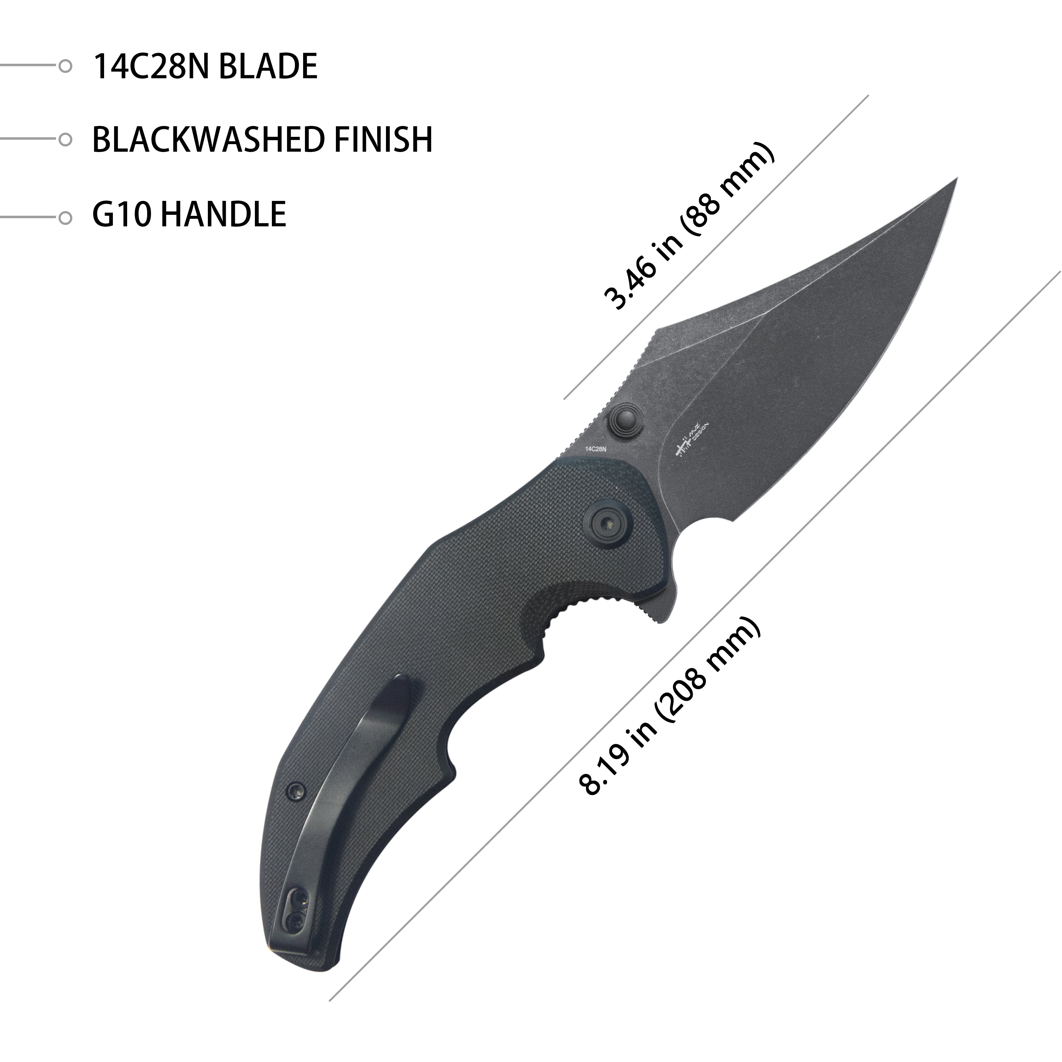 Kubey Ceto Flipper Camping Folding Knife Black G-10 Handle 3.46" Blackwash 14C28N Blade KU181D