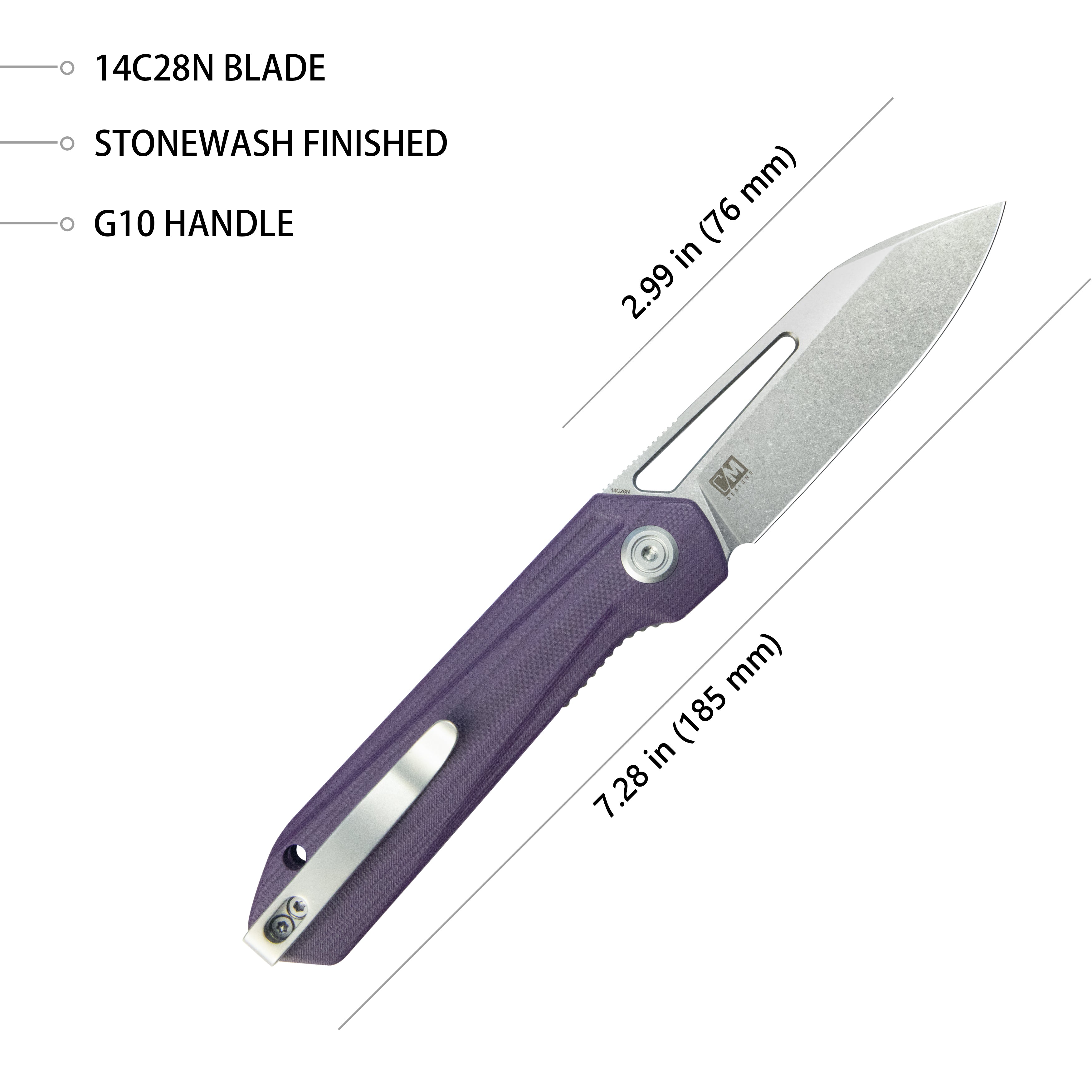 Kubey Royal CM Designs EDC Pocket Knife Front Flipper Purple G10 Handle 2.99" Stonewash 14C28N KU321U