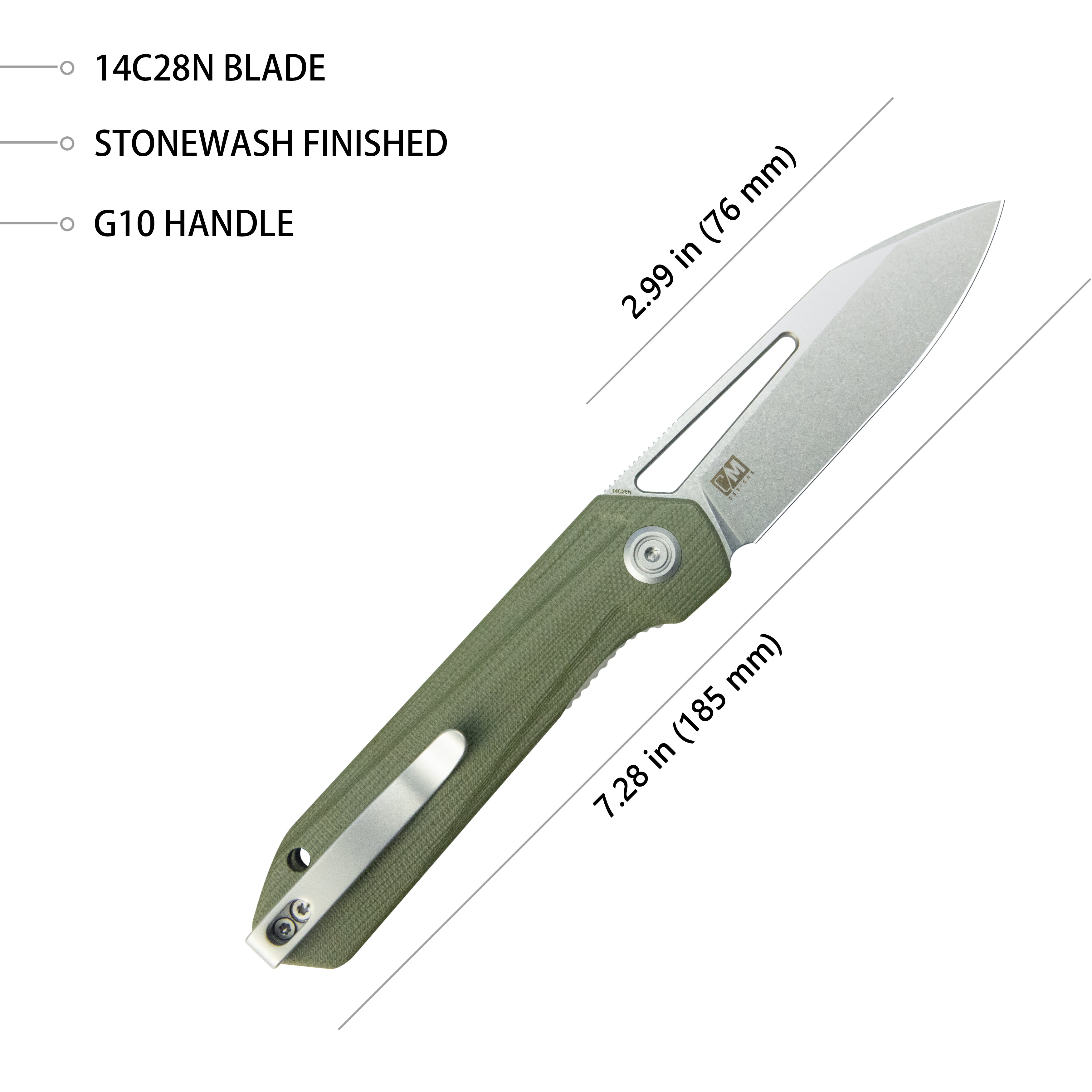Kubey Royal CM Designs EDC Pocket Knife Front Flipper Green G10 Handle 2.99" Stonewash 14C28N KU321S