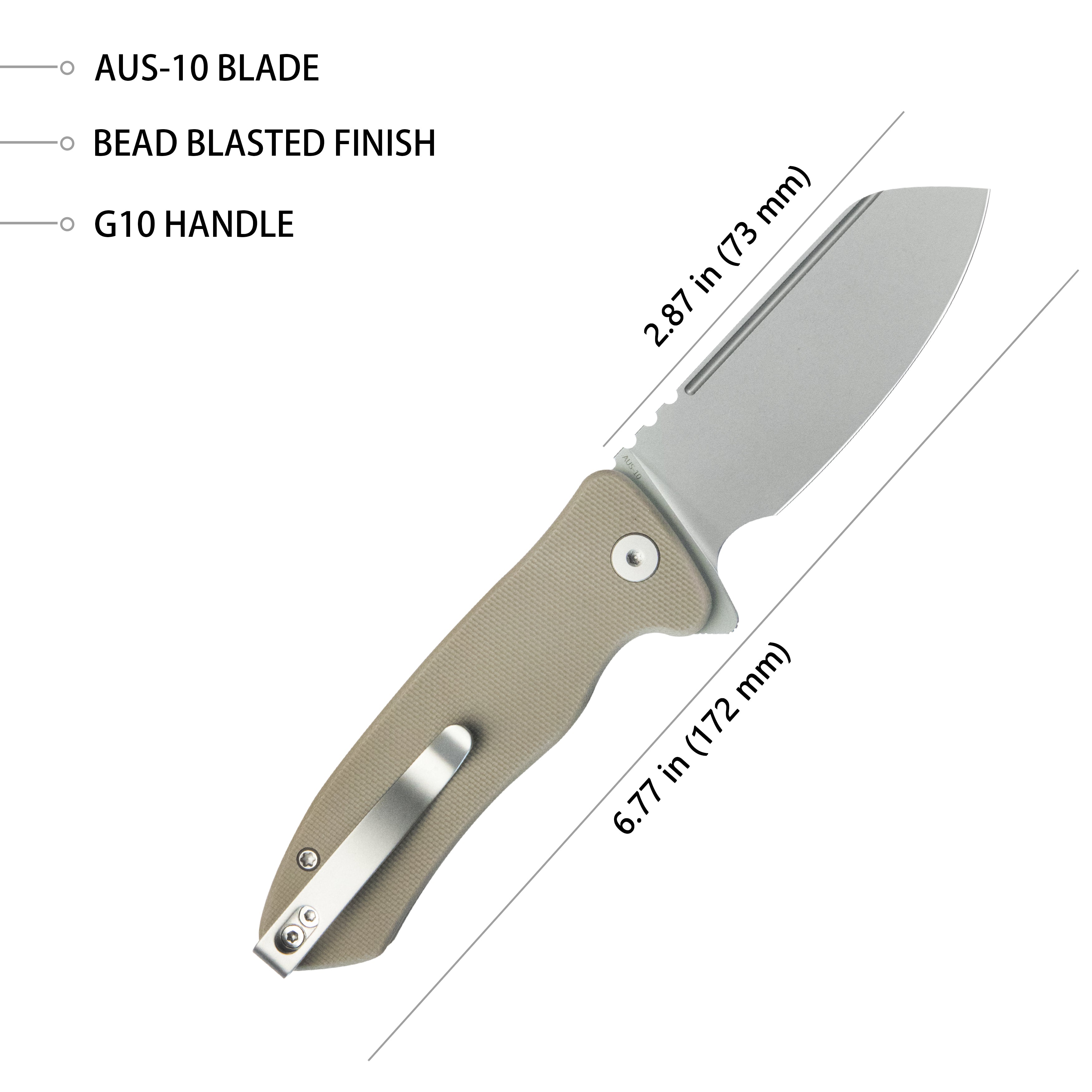 Creon Small Pocket Knife with Button Lock Tan G10 Handle 2.87" Beadblast AUS-10 KU336K