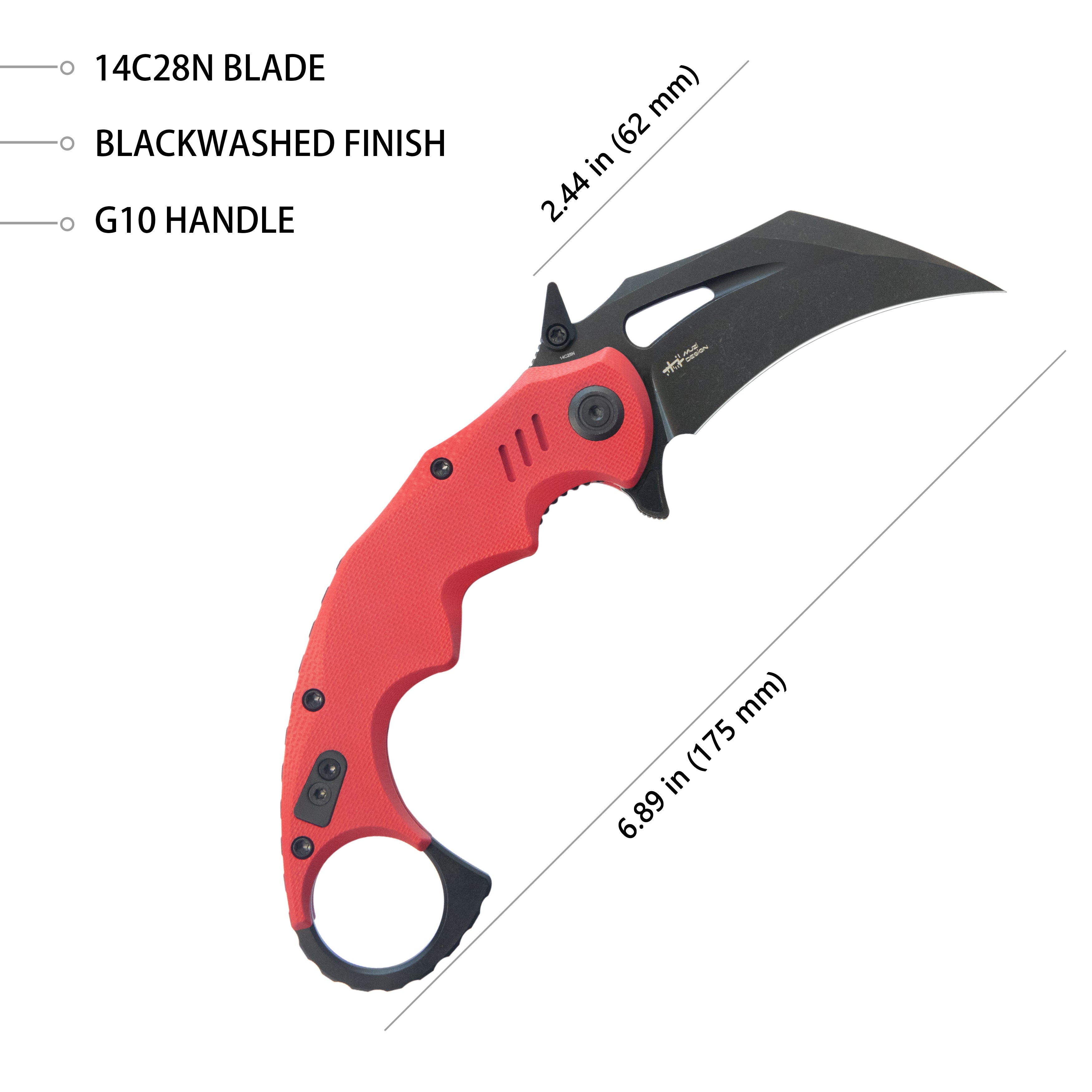 Kubey Mini Wrath Karambit Folding Knife Red G-10 Handle 2.44" Blackwash 14C28N Blade KU262H