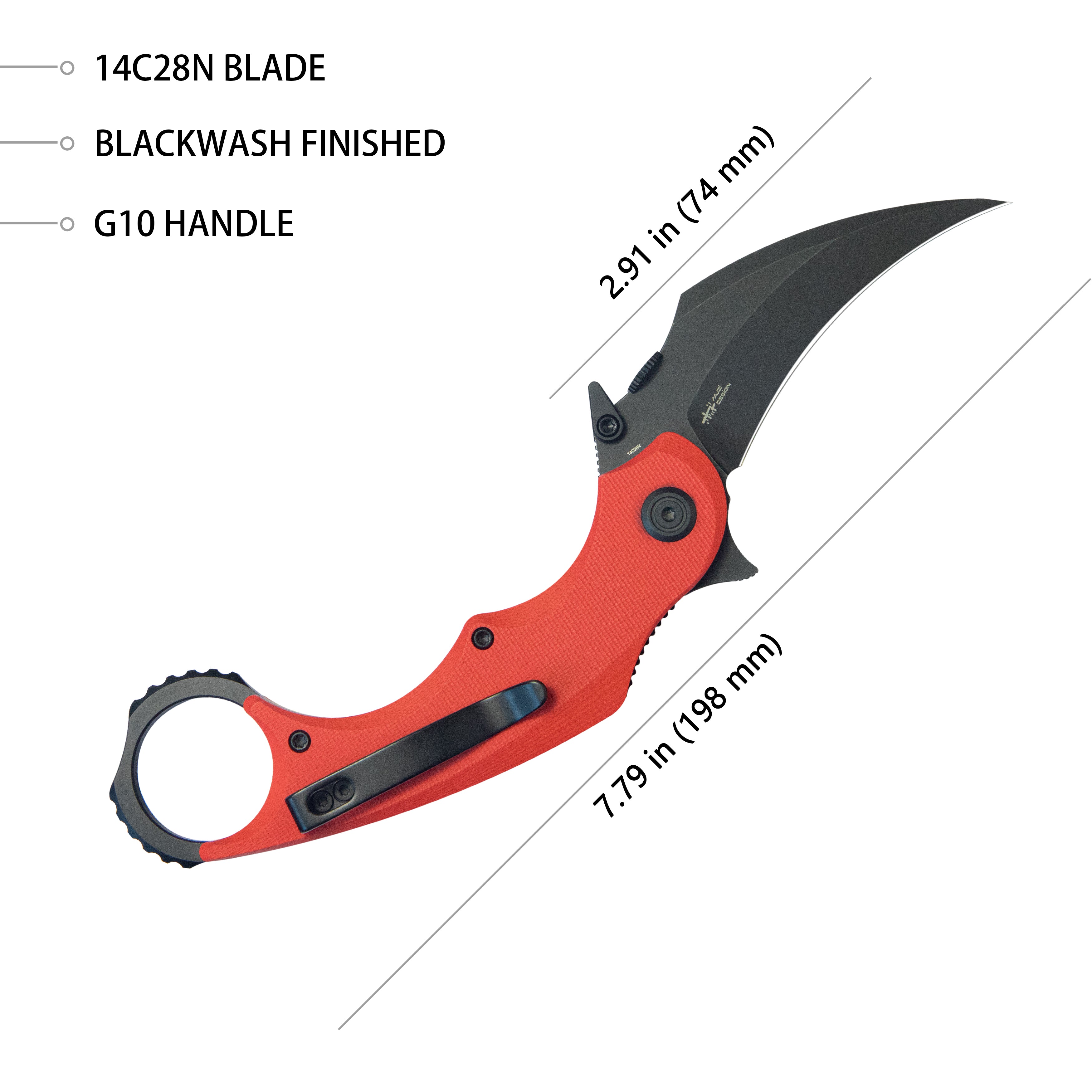 Kubey Rogue Pikal Karambit Folding Knife Red G10 Handle 2.91" Blackwash 14C28N Blade KU298F