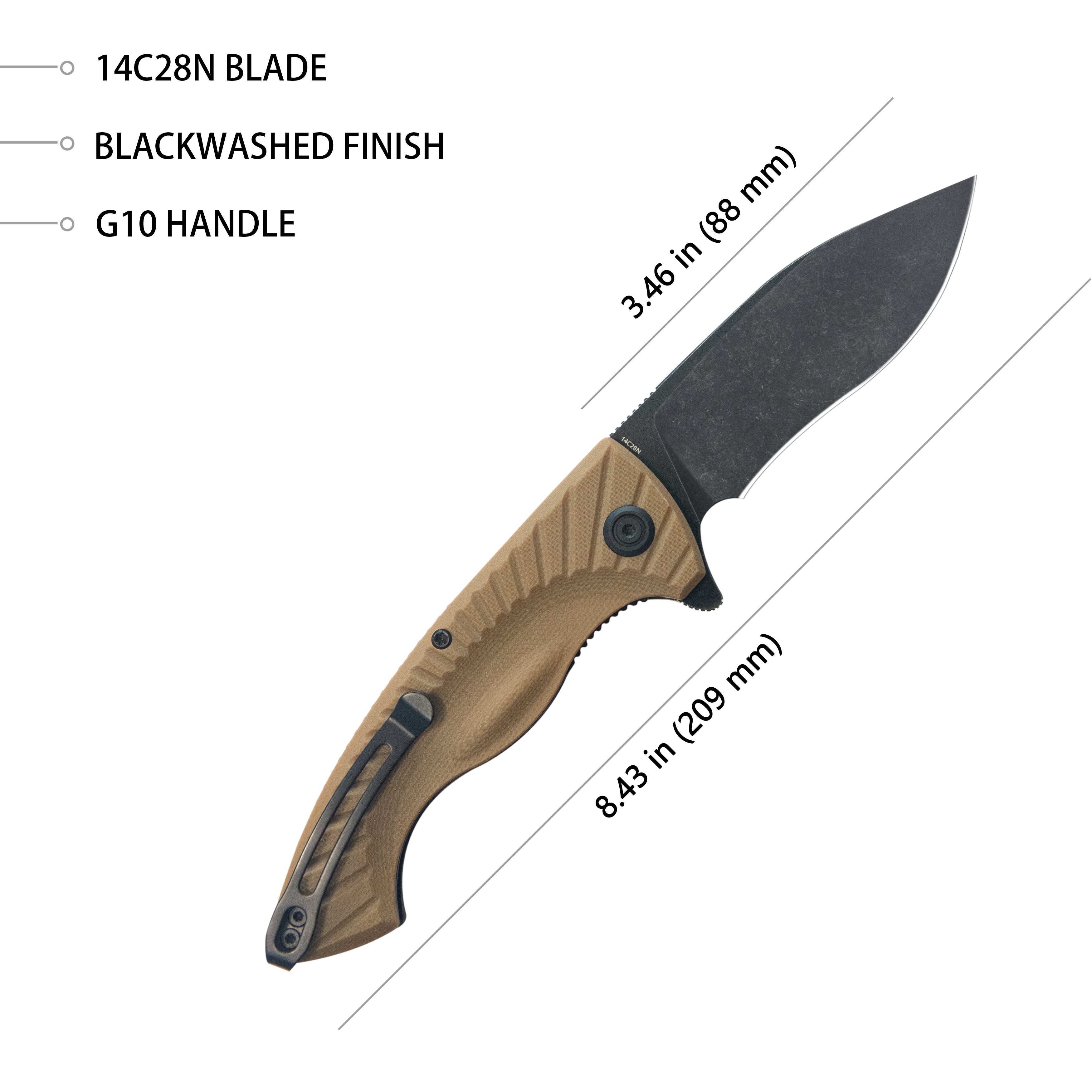 Kubey Timberwolf Flipper Outdoor Folding Knife Tan G-10 Handle 3.46" Blackwash 14C28N Blade KU208H