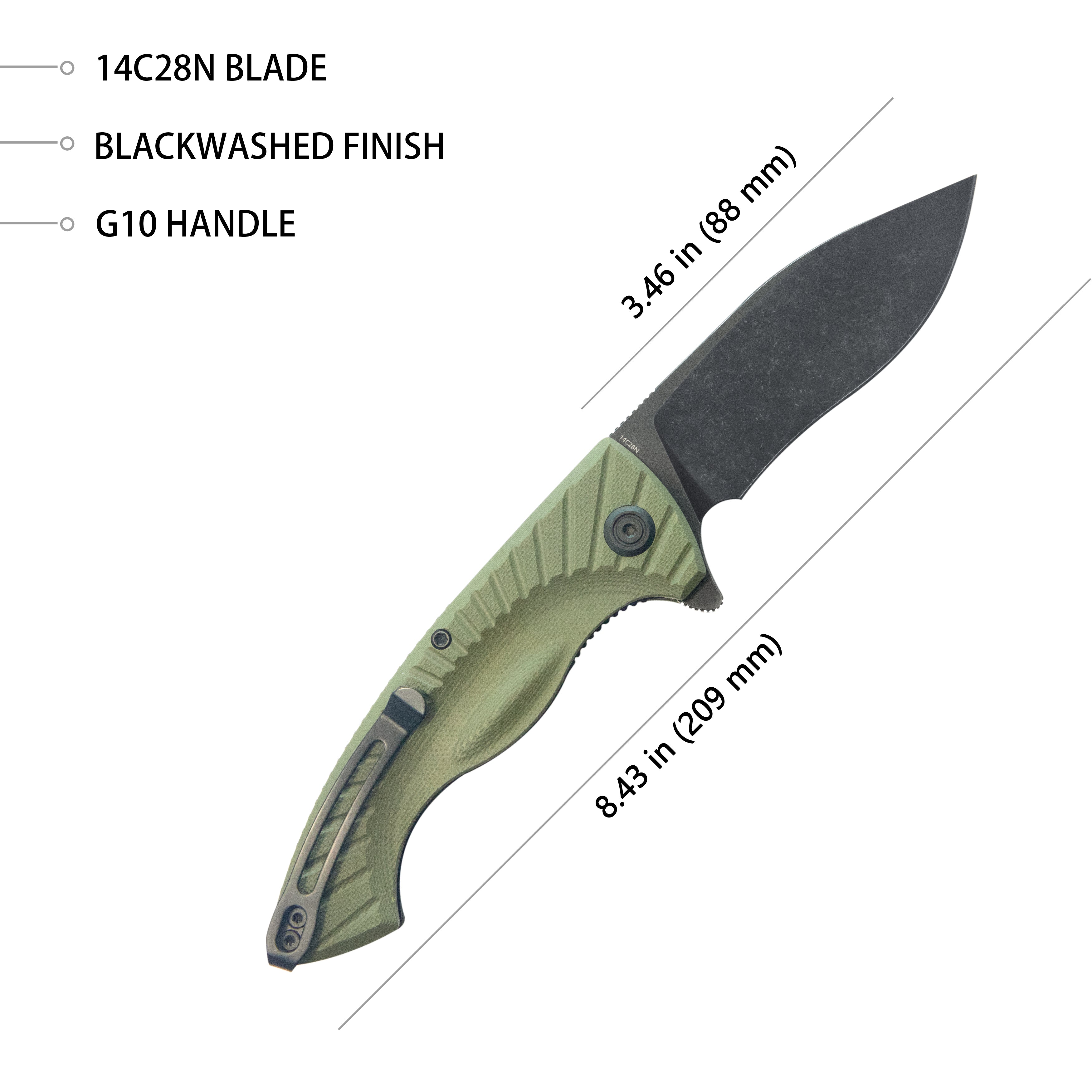 Kubey Timberwolf Flipper Outdoor Folding Knife Green G-10 Handle 3.46" Blackwash 14C28N Blade KU208J