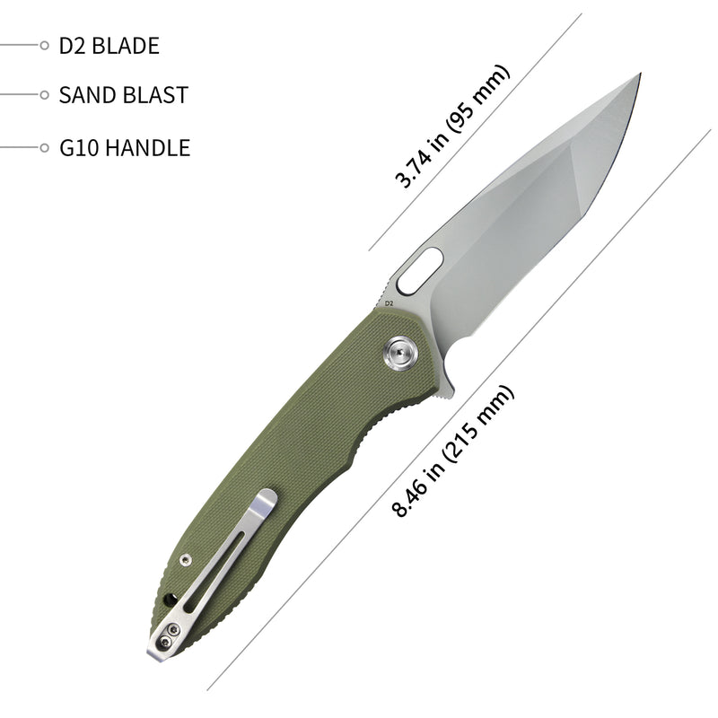 Darknesss Nest Liner Lock Flipper Pocket Folding Knife Green G10 Handle 3.74" Beadblast D2 Blade KU003B