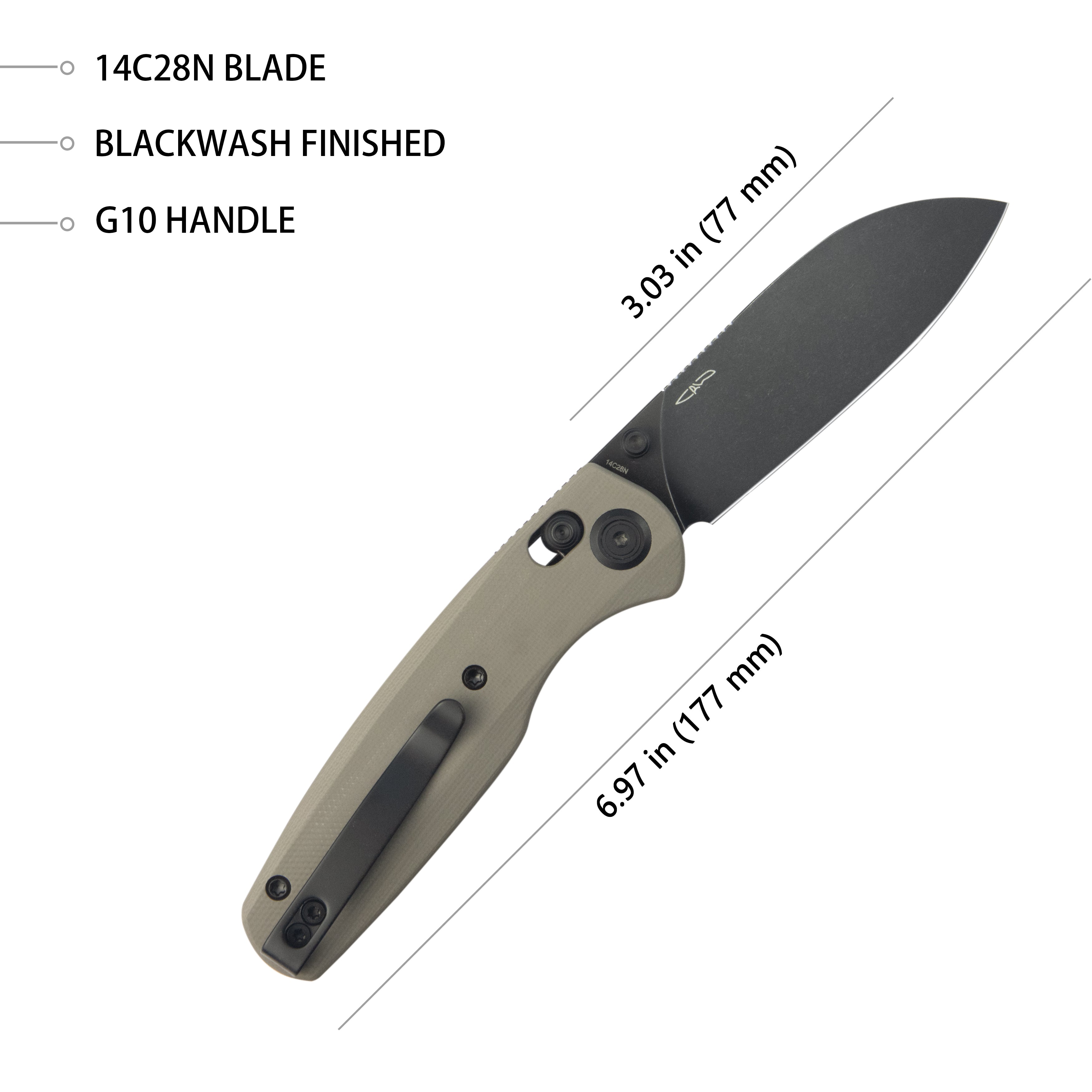 Kubey Breeze Every Carry Pocket Knife Crossbar Lock Tan G10 Handle 3.03" Blackwash 14C28N Blade KU288G