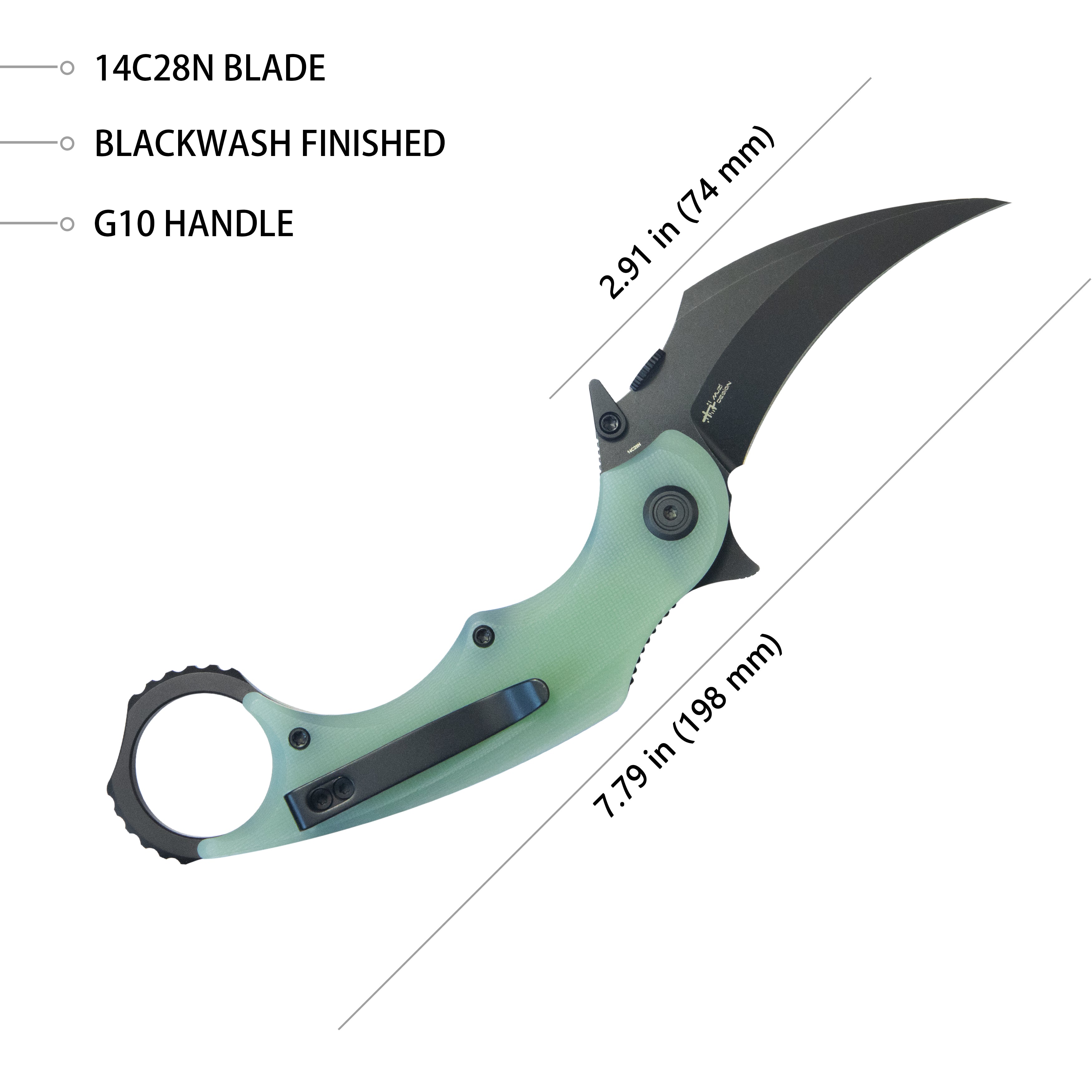 Kubey Rogue Pikal Karambit Folding Knife Jade G10 Handle 2.91" Blackwash 14C28N Blade KU298E