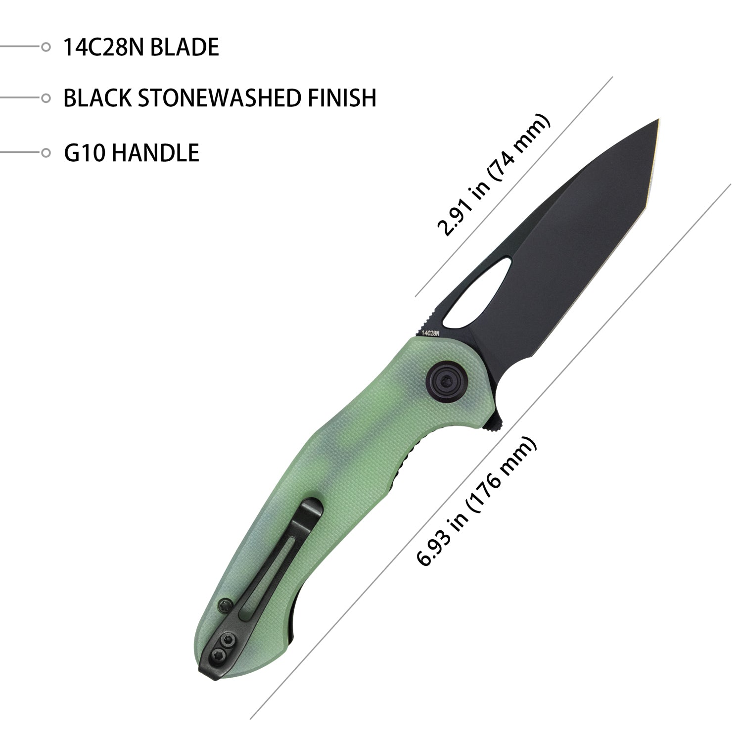 Kubey Dugu Liner Lock Folding Knife Jade G10 Handle 2.91'' Blackwashed 14C28N Blade KU159E
