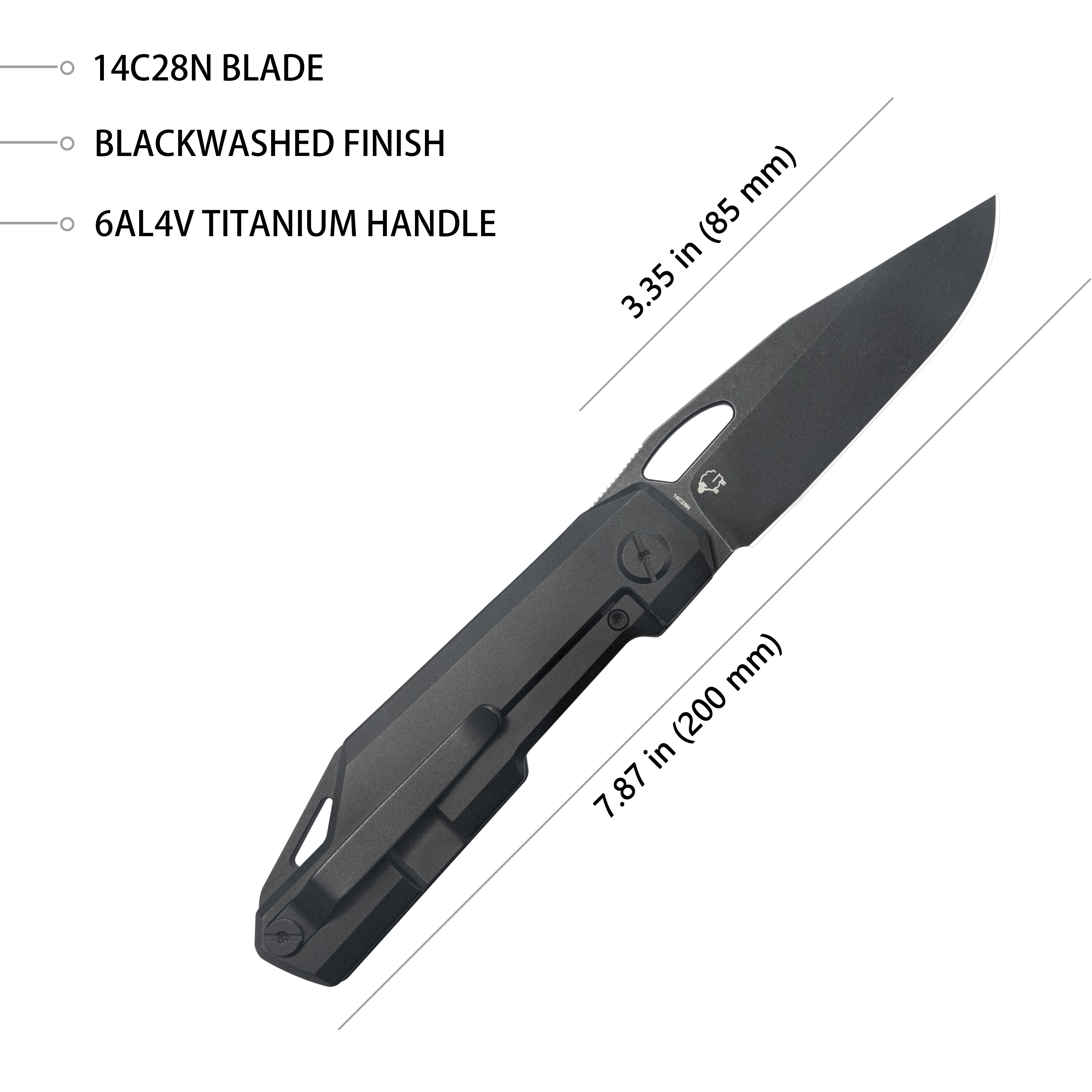 Kubey Verijero Fronter Flipper Pocket Folding Knife Black Coating 6AL4V Titanium Handle 3.35" Blackwash 14C28N KB340D