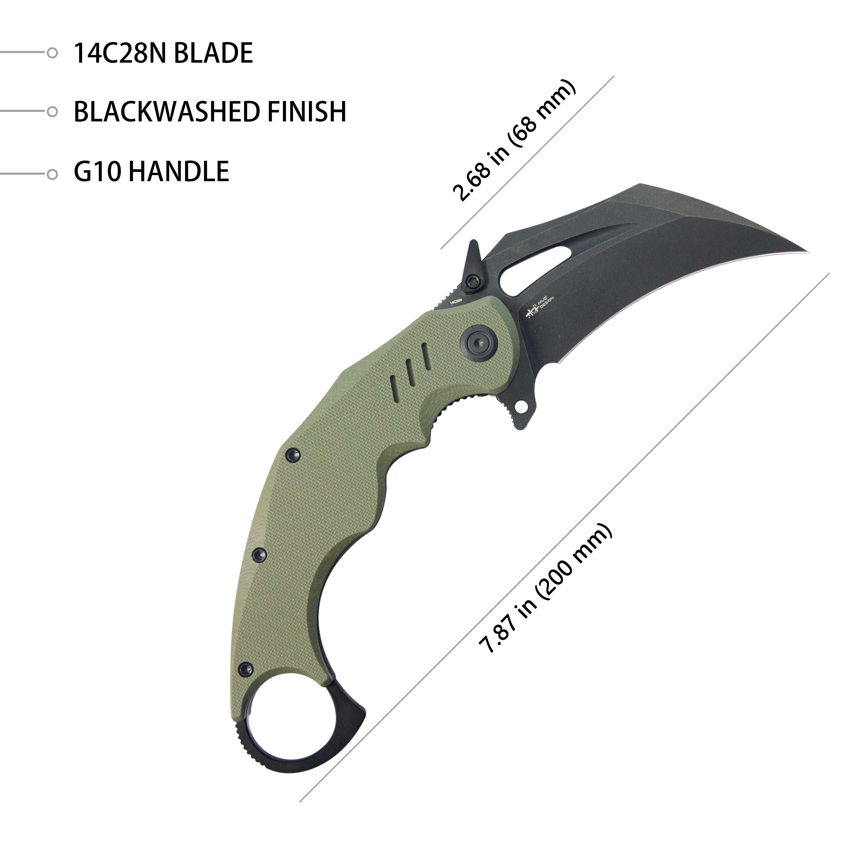 Kubey Wrath Karambit Folding Knife Green G-10 Handle 2.68" Blackwash 14C28N Blade KU261F