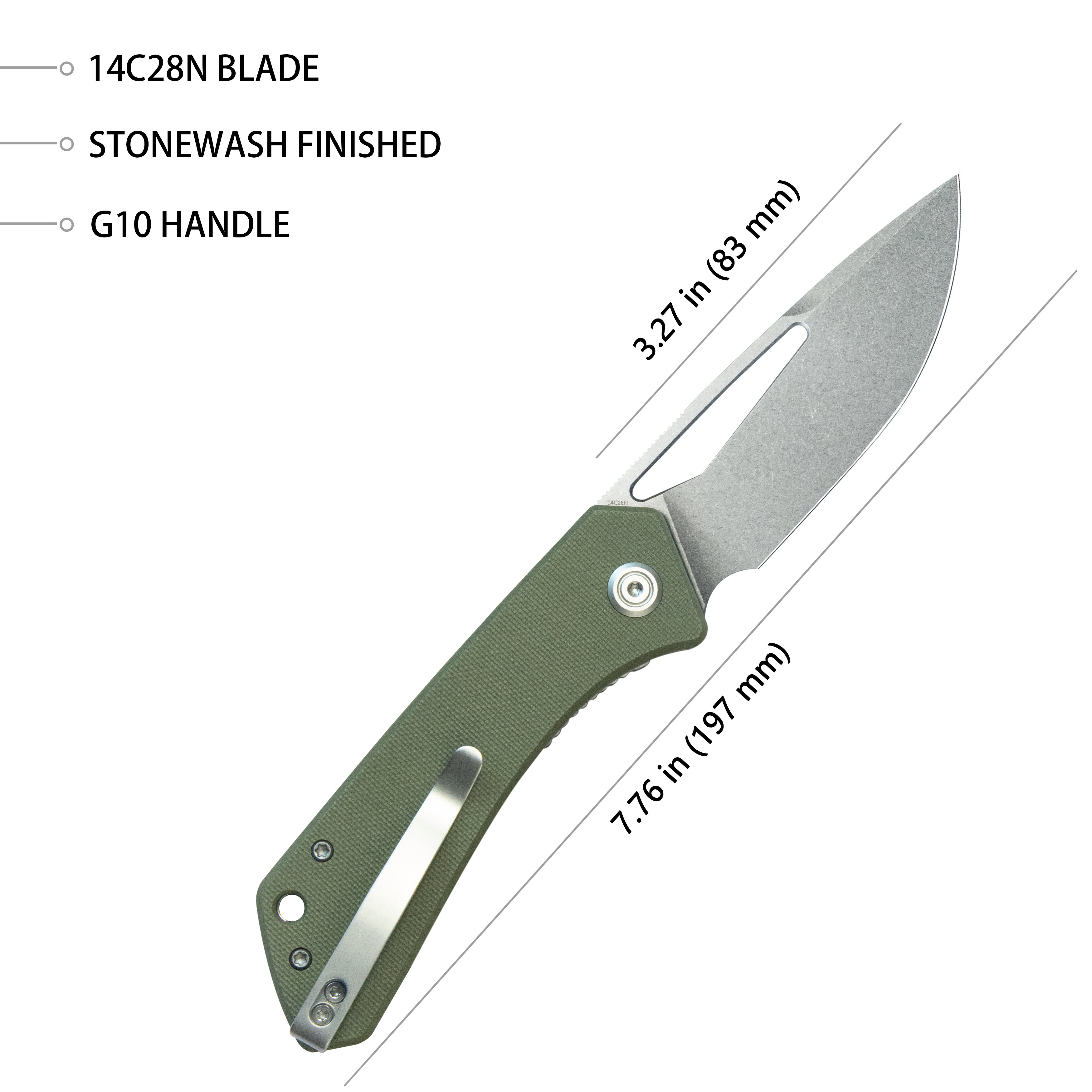 Kubey Thalia Front Flipper EDC Pocket Folding Knife Green G10 Handle 3.27" Stonewash 14C28N KU331M