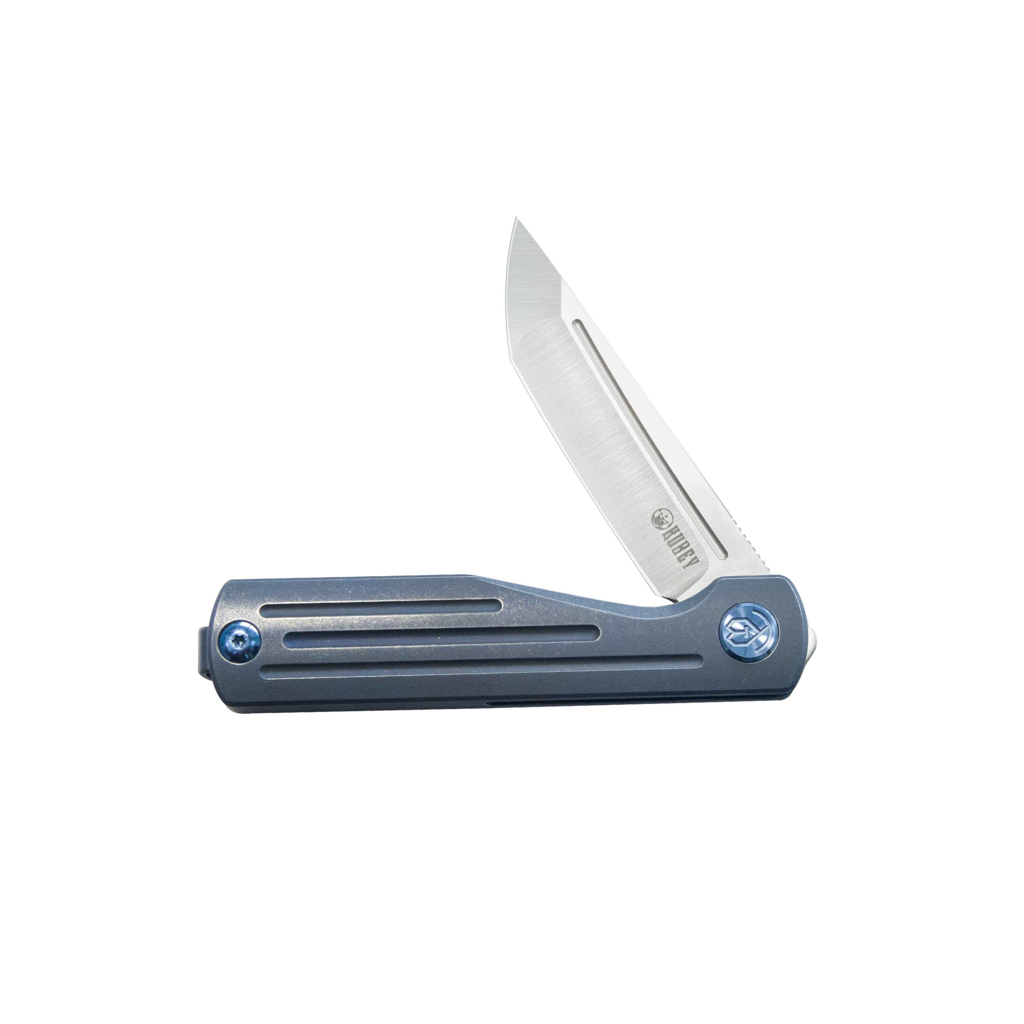 Kubey Musō Flipper Everyday Carry Knife Blue Titanium Handle 2.95" Tanto Belt Satin M390 Blade KB244B
