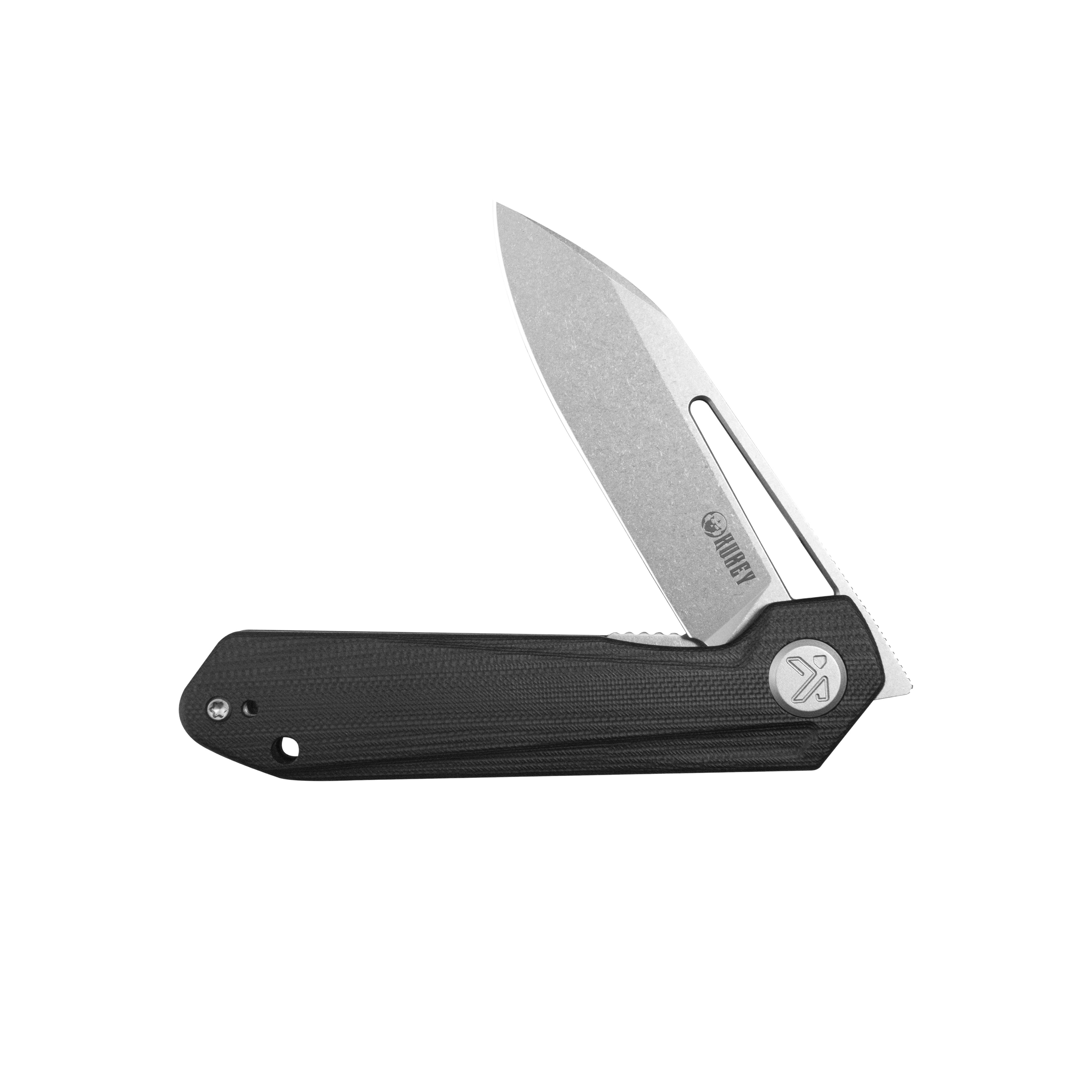 Kubey Royal CM Designs EDC Pocket Knife Front Flipper Black G10 Handle 2.99" Stonewash 14C28N KU321P