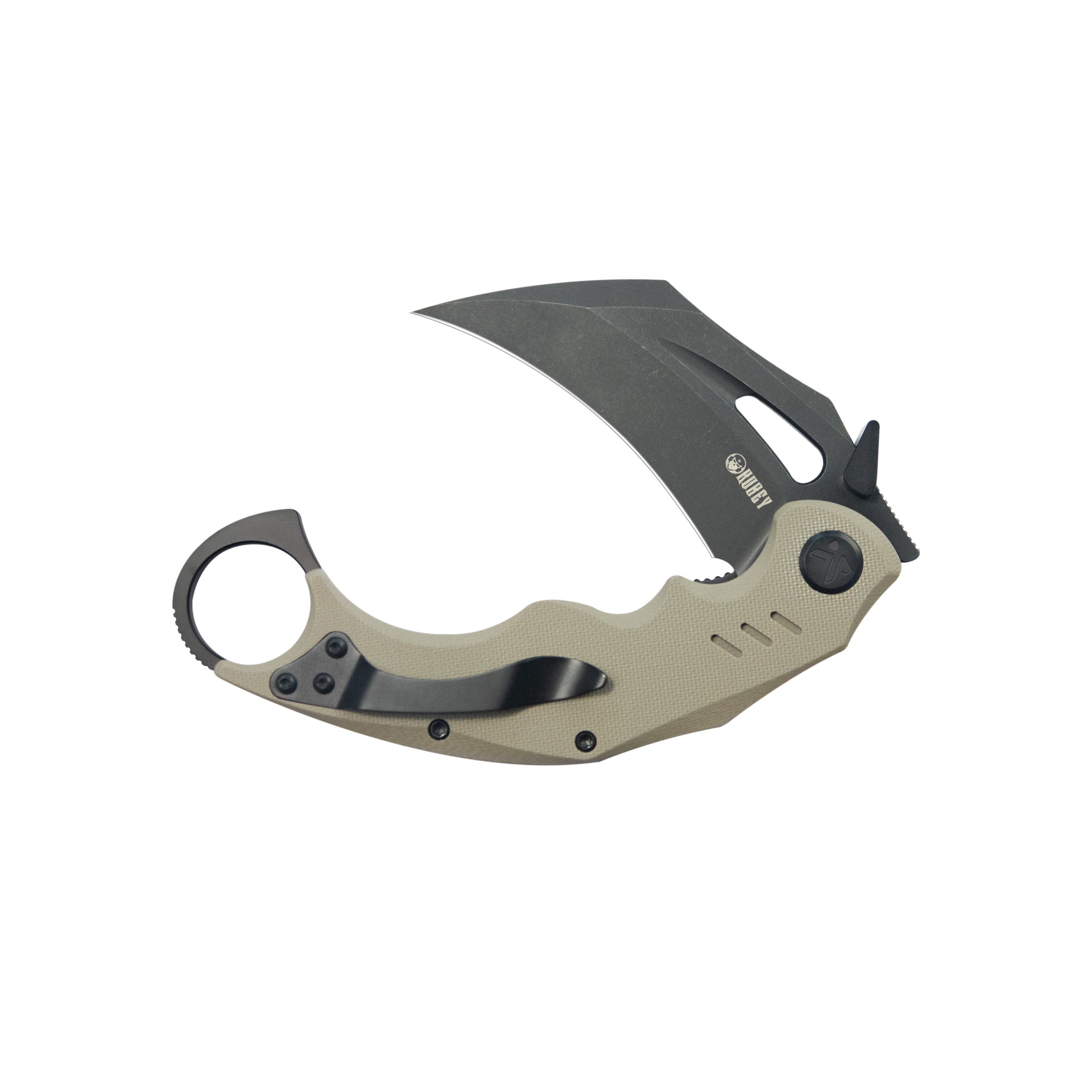 Kubey Wrath Karambit Folding Knife Tan G-10 Handle 2.68" Blackwash 14C28N Blade KU261G