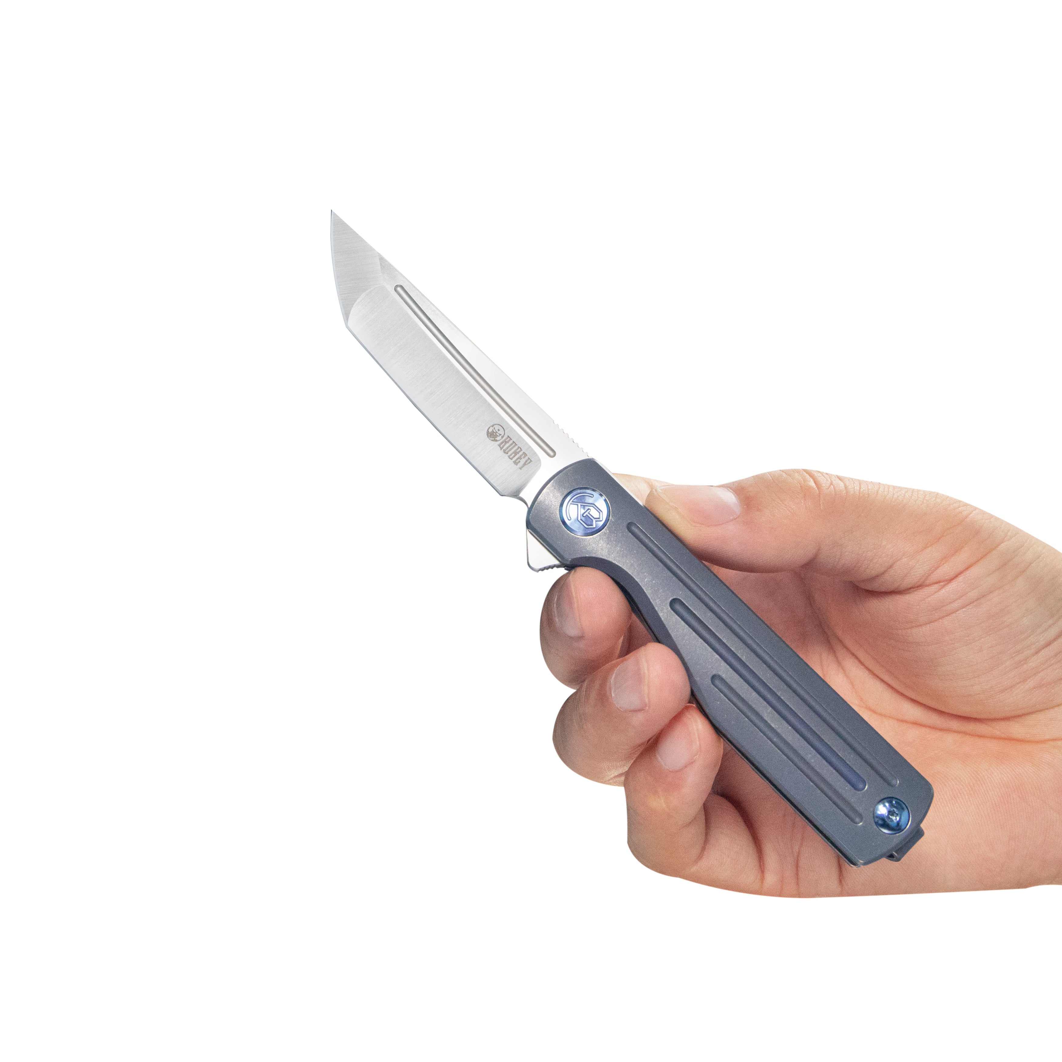 Kubey Musō Flipper Everyday Carry Knife Blue Titanium Handle 2.95" Tanto Belt Satin M390 Blade KB244B