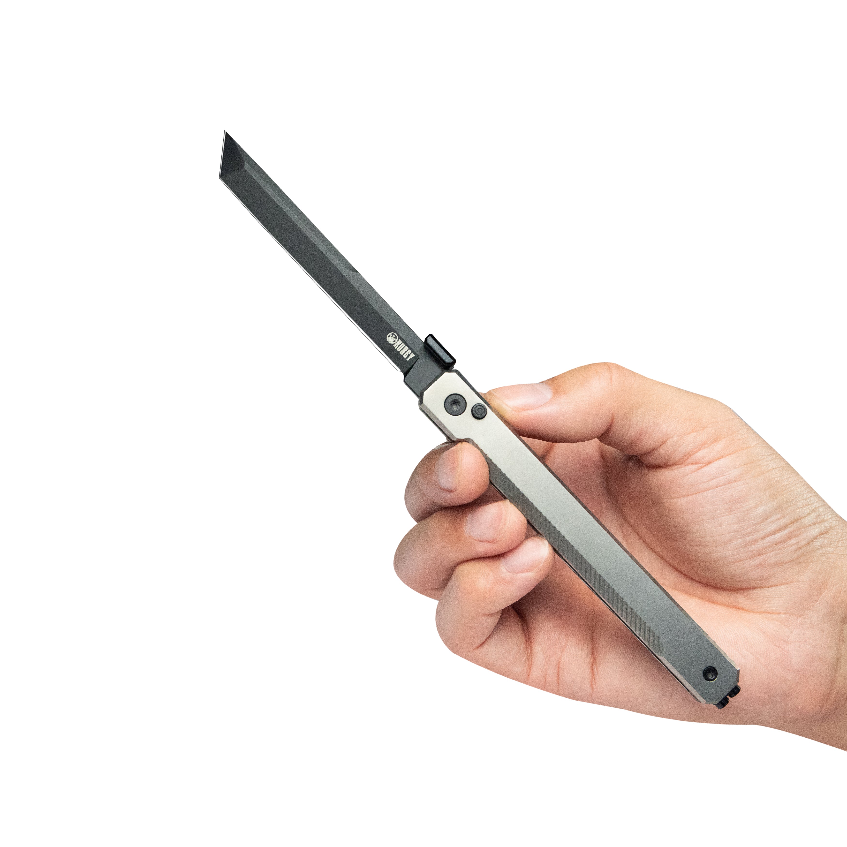 Kubey Prism Button Lock CEO Style Folding Knife Silver Grey 6AL4V Titanium Handle 3.54'' Black Coating 14C28N KB243B