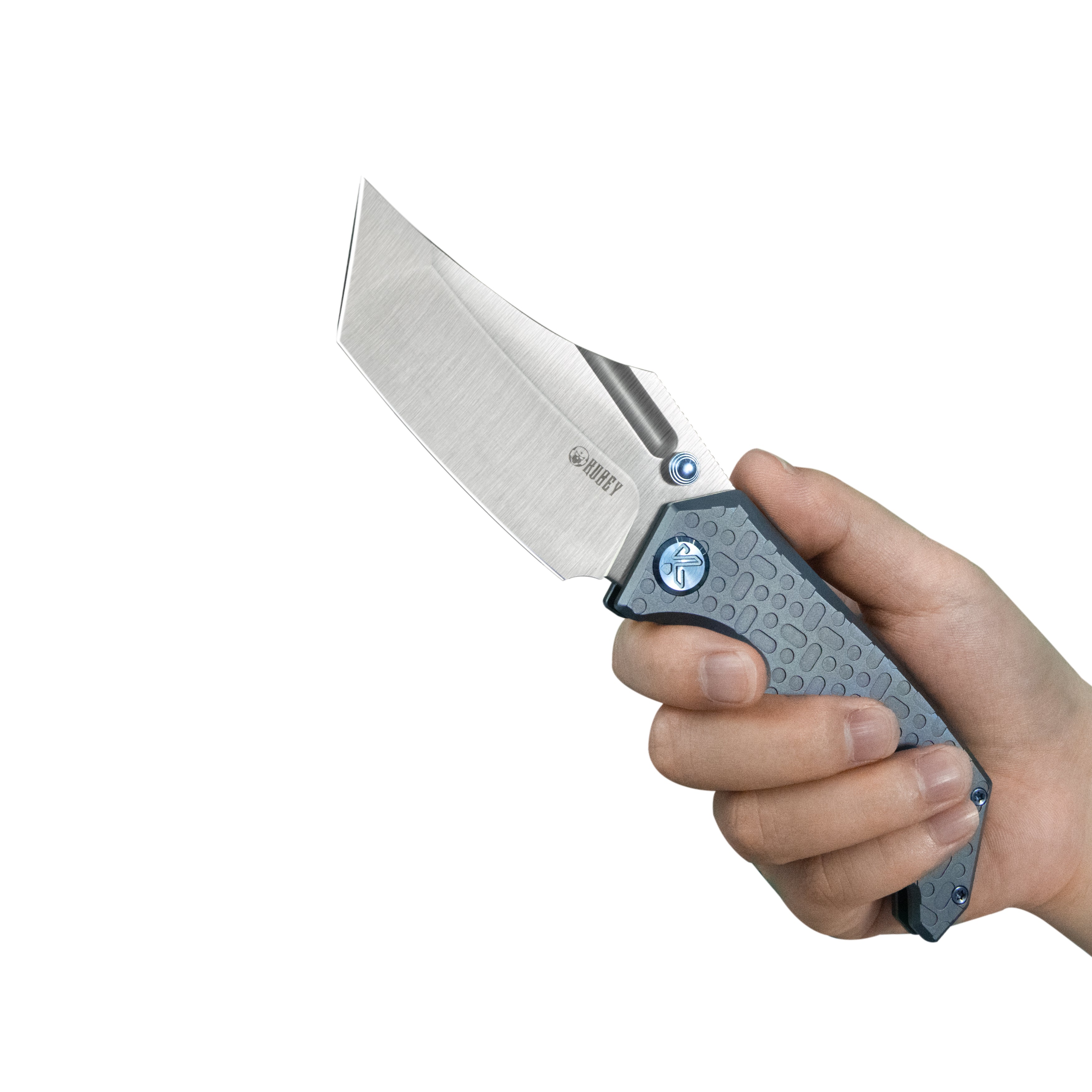 Kubey Hamster Frame Lock Folding Knife Blue Titanium Handle 3.46" Satin 14C28N Blade KU402B
