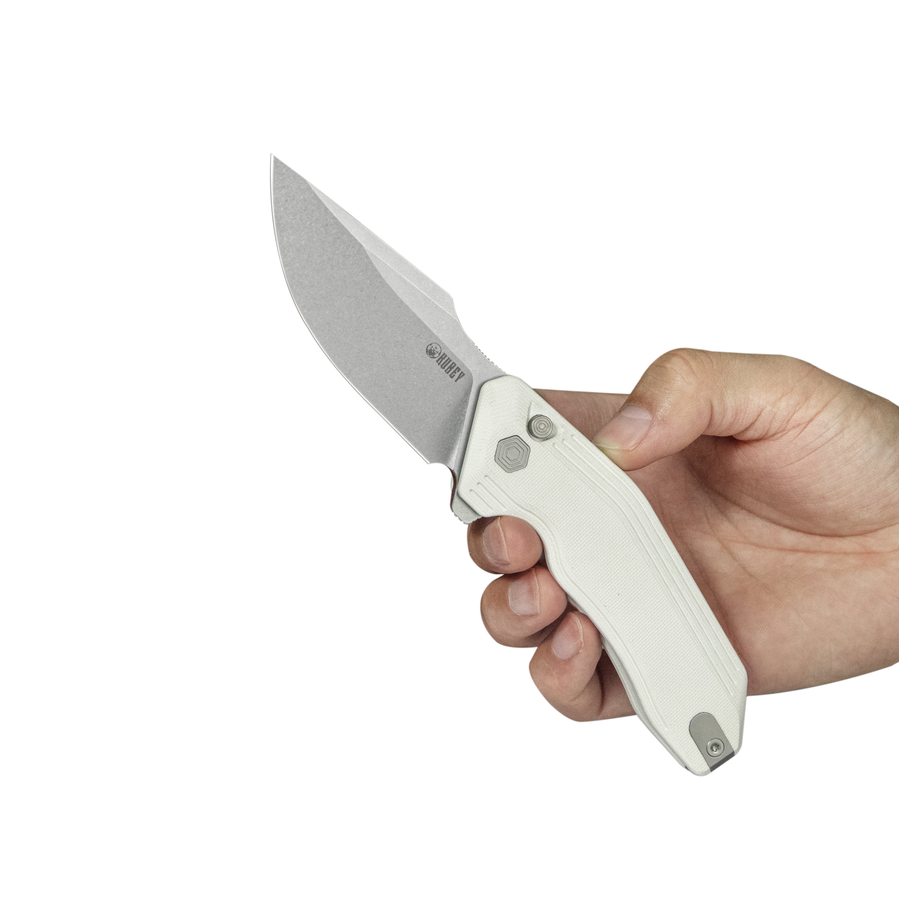 Kubey Basilisk Folding Knife Ivory G-10 Handle 3.23'' Stonewashed 14C28N Blade KU391D