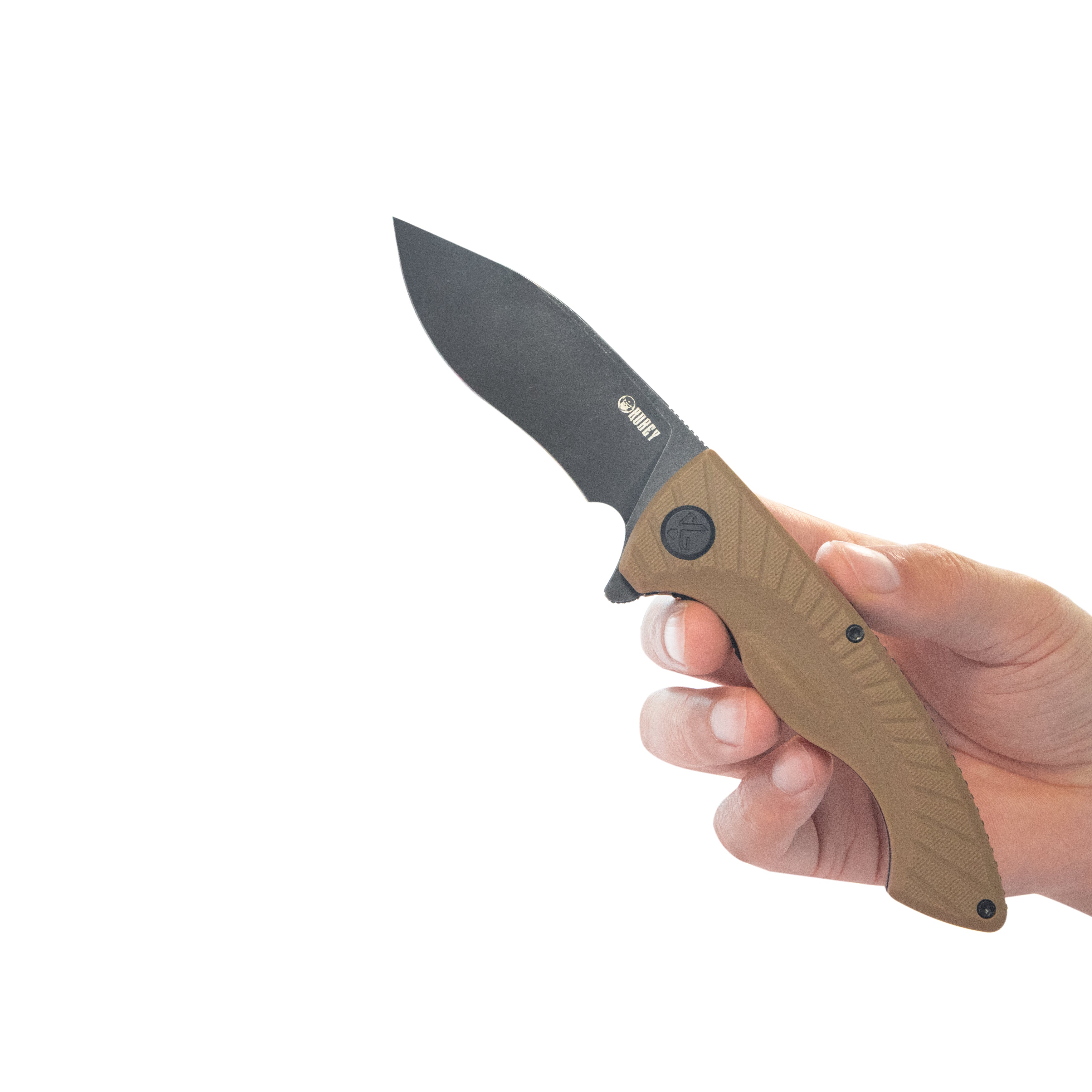 Kubey Timberwolf Flipper Outdoor Folding Knife Tan G-10 Handle 3.46" Blackwash 14C28N Blade KU208H
