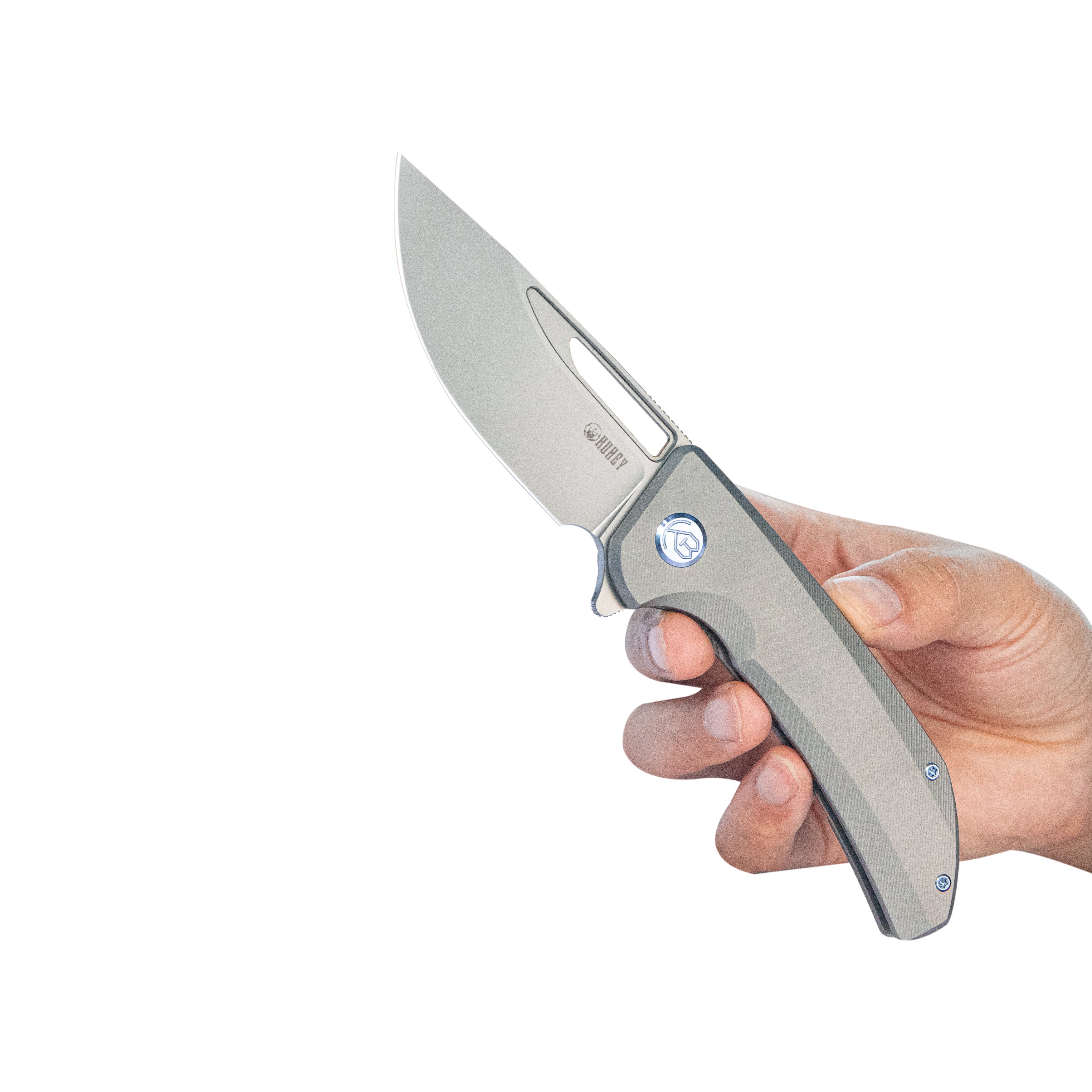 Kubey Hyperion Frame Lock Flipper Knife Grey Titanium Handle w/ Micro Milling Lines 3.5" Sandblast CPM-S35VN KB368G