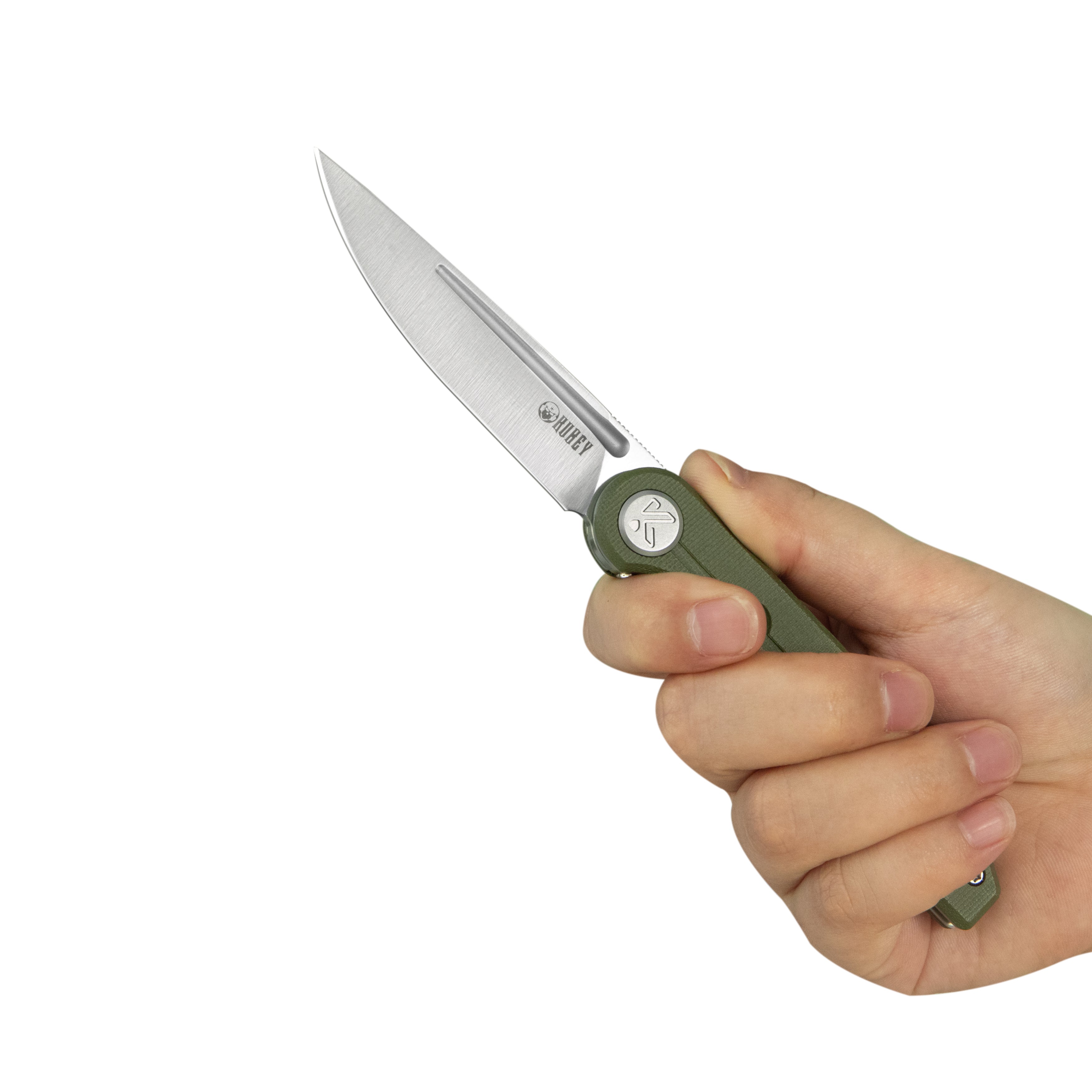 Kubey Mizo Liner Lock Front Flipper Folding Knife Green G10 Handle 3.15" Satin 14C28N KU2101D