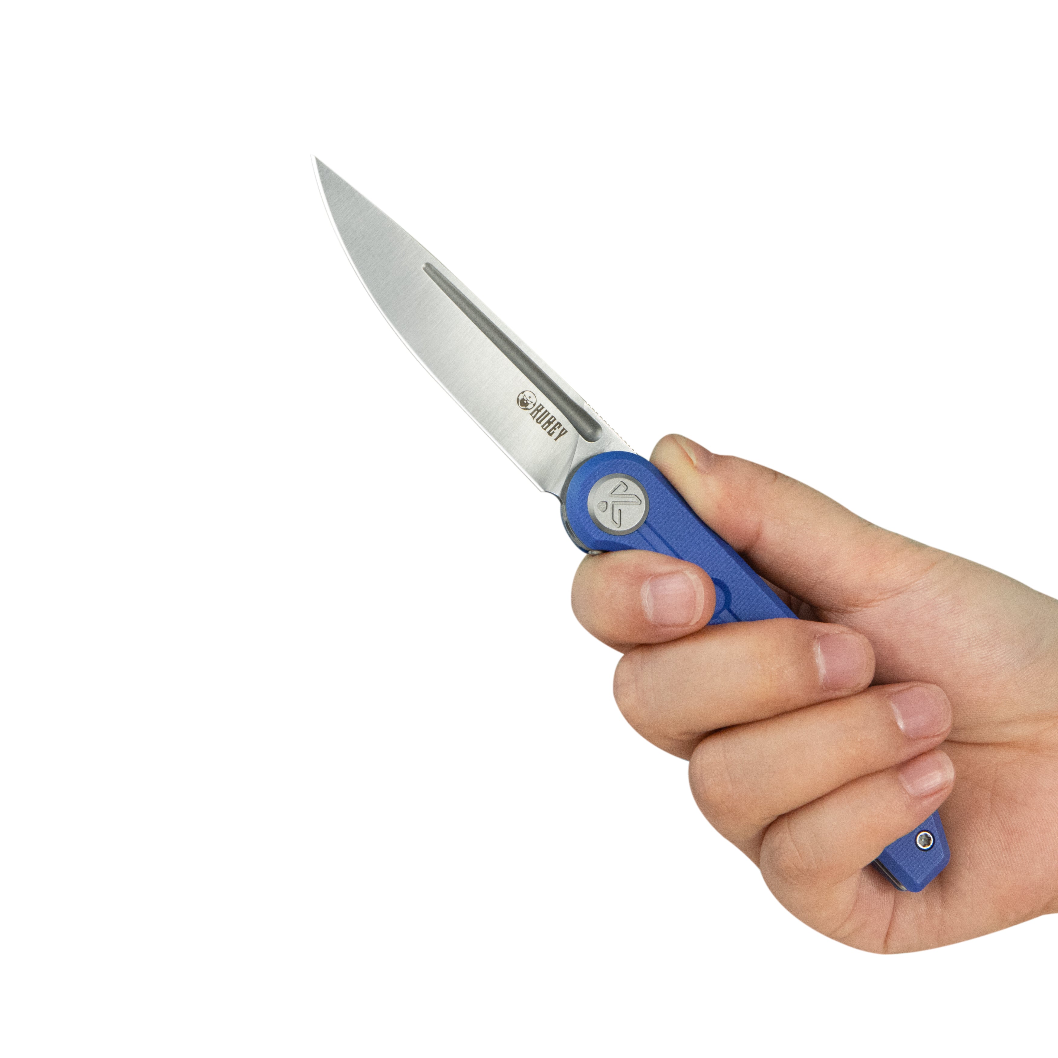 Kubey Mizo Liner Lock Front Flipper Folding Knife Blue G10 Handle 3.15" Satin 14C28N KU2101B
