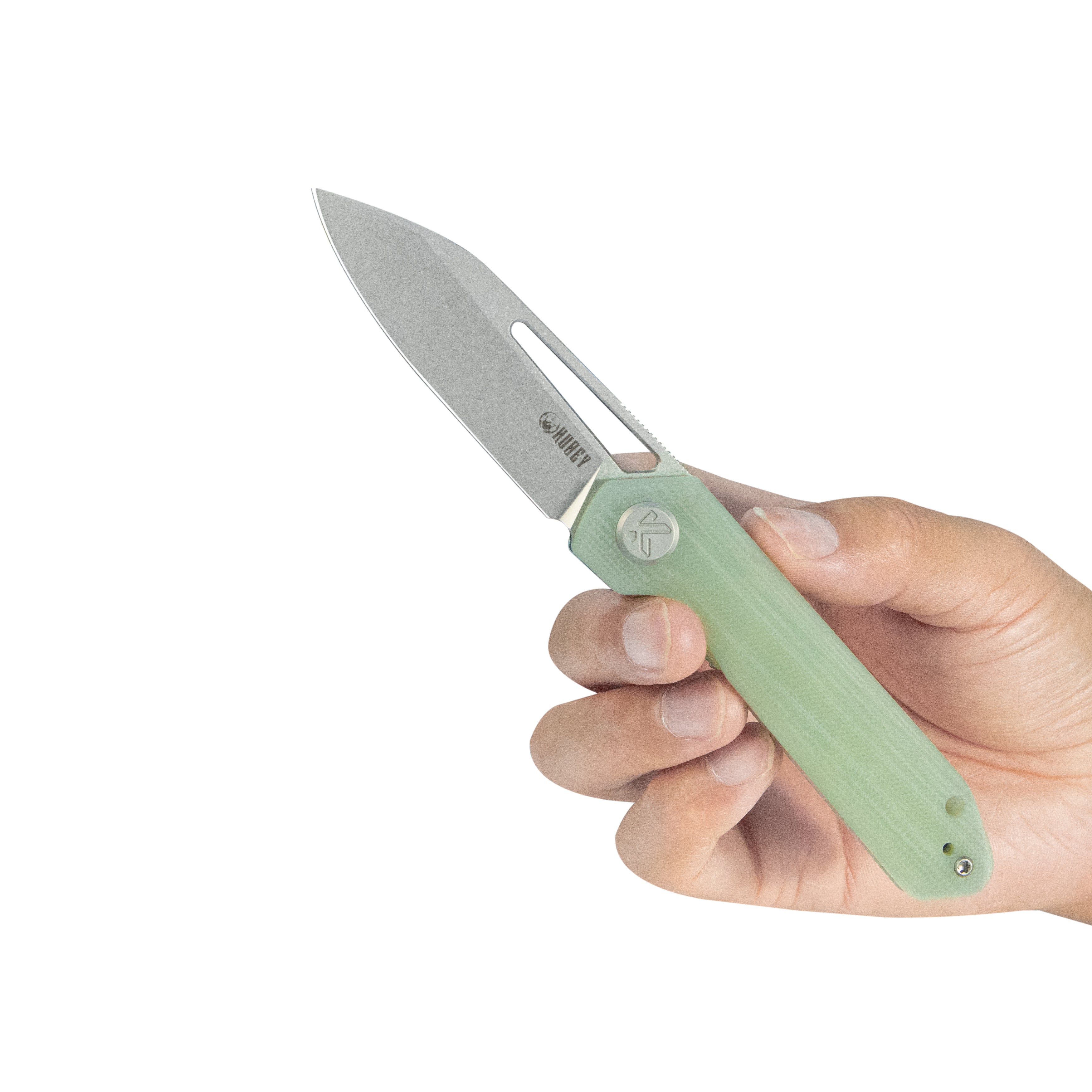 Kubey Royal CM Designs EDC Pocket Knife Front Flipper Jade G10 Handle 2.99" Stonewash 14C28N KU321R