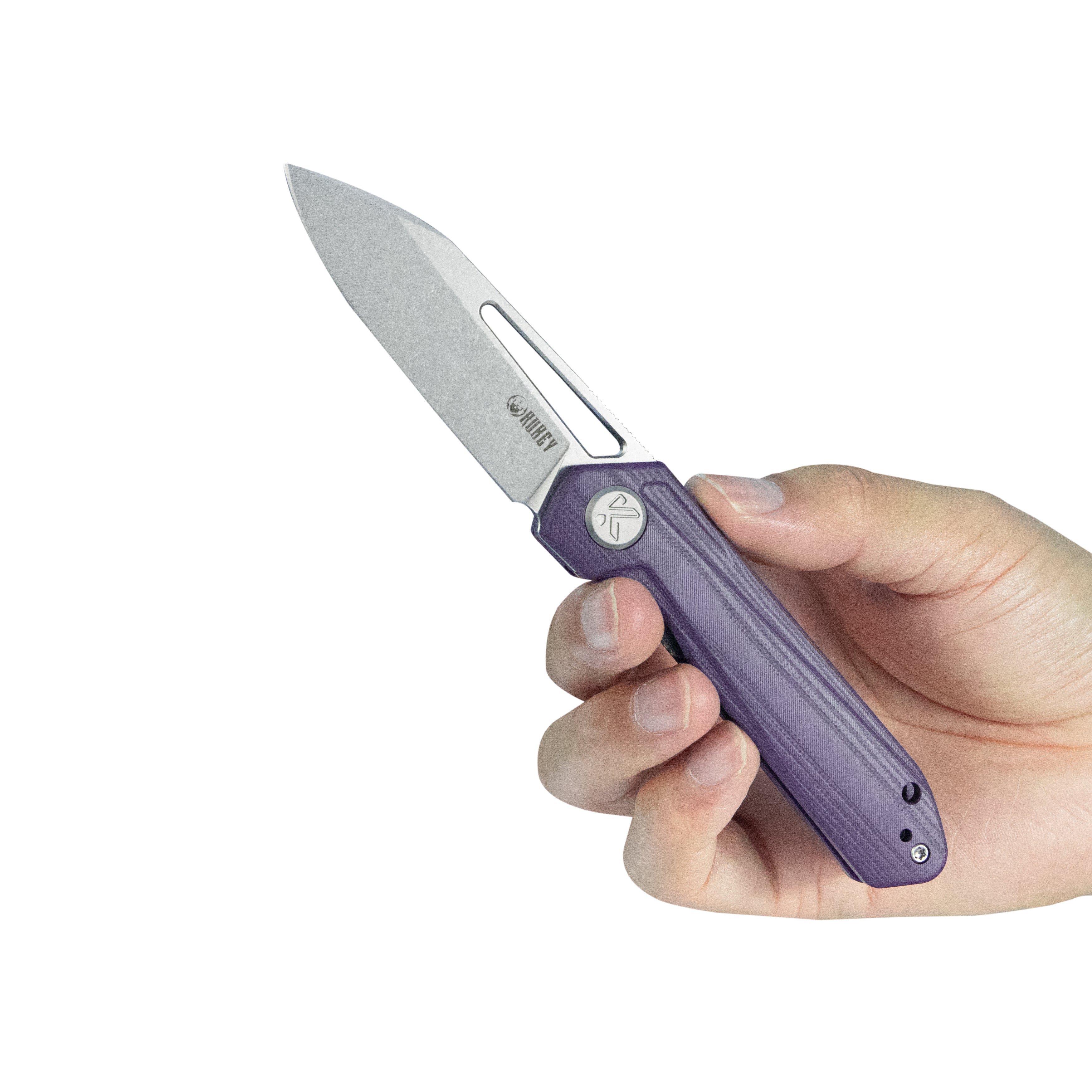 Kubey Royal CM Designs EDC Pocket Knife Front Flipper Purple G10 Handle 2.99" Stonewash 14C28N KU321U