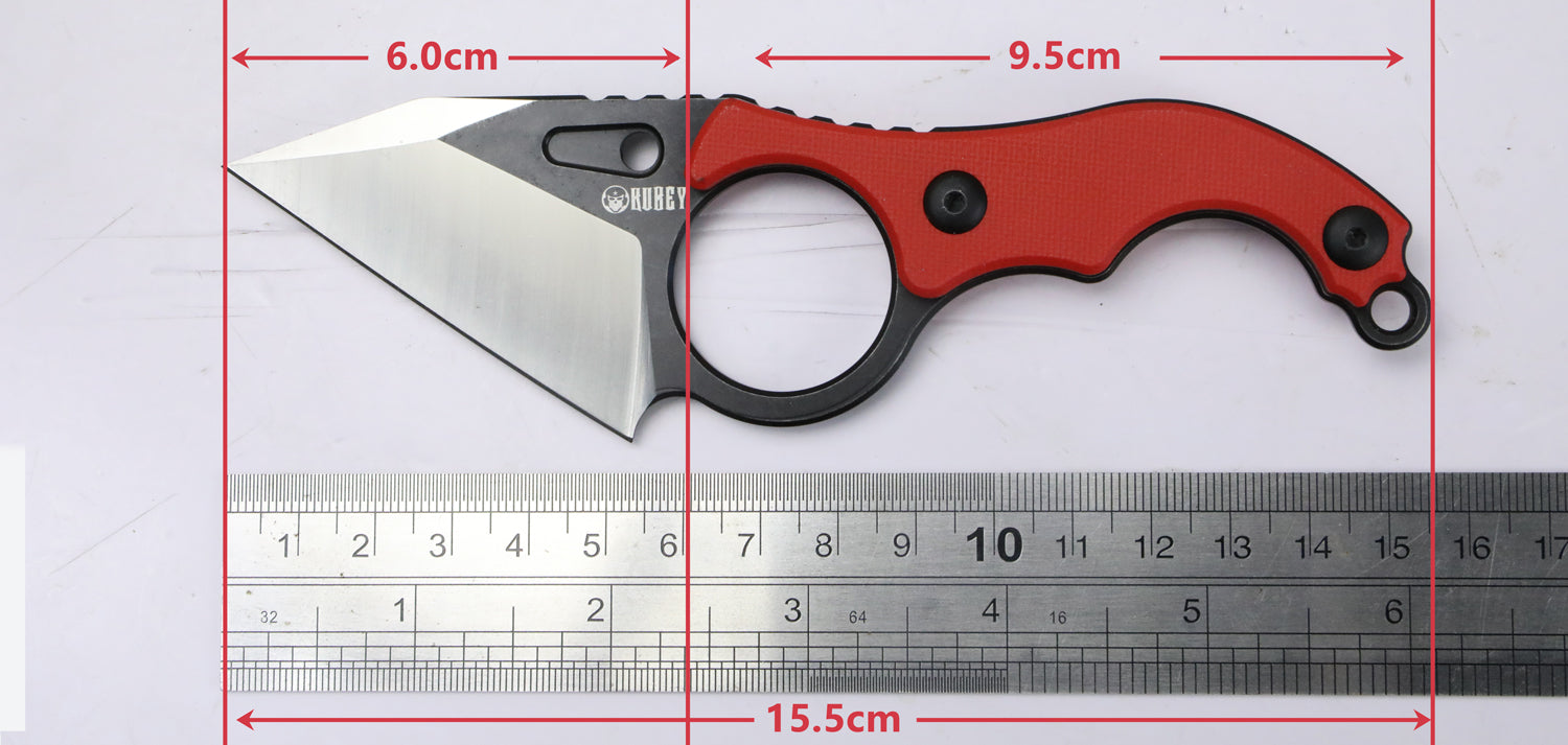 Hippocam Fixed Blade Knife Finger Ring Red G10 Handle 2.36" Satin and Blackwash D2 Blade KU166D