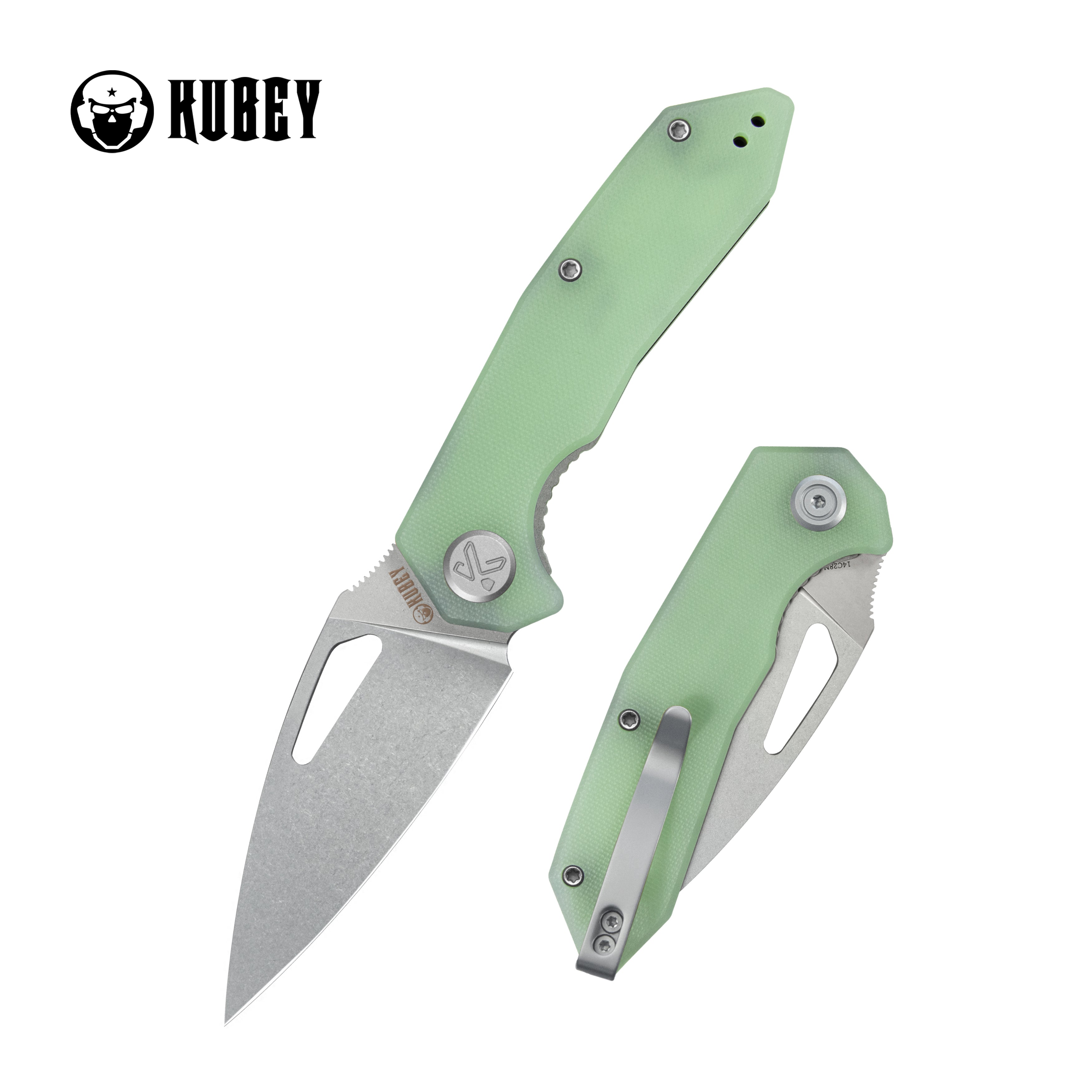 Kubey Coeus Liner Lock Thumb Open Folding Knife Jade G10 Handle EDC knives 3.11" Stonewash 14C28N KU122V