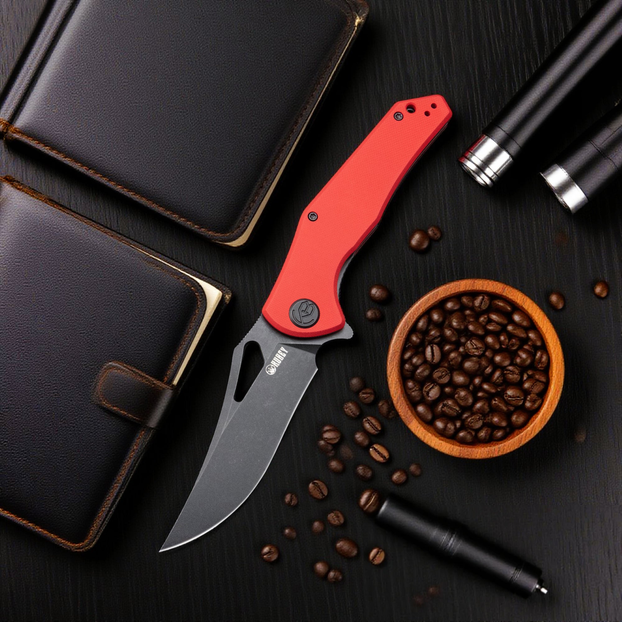 Kubey Phemius Liner Lock Folding Pocket Knife Red G10 Handle 3.66" Blackwash 14C28N KU149F