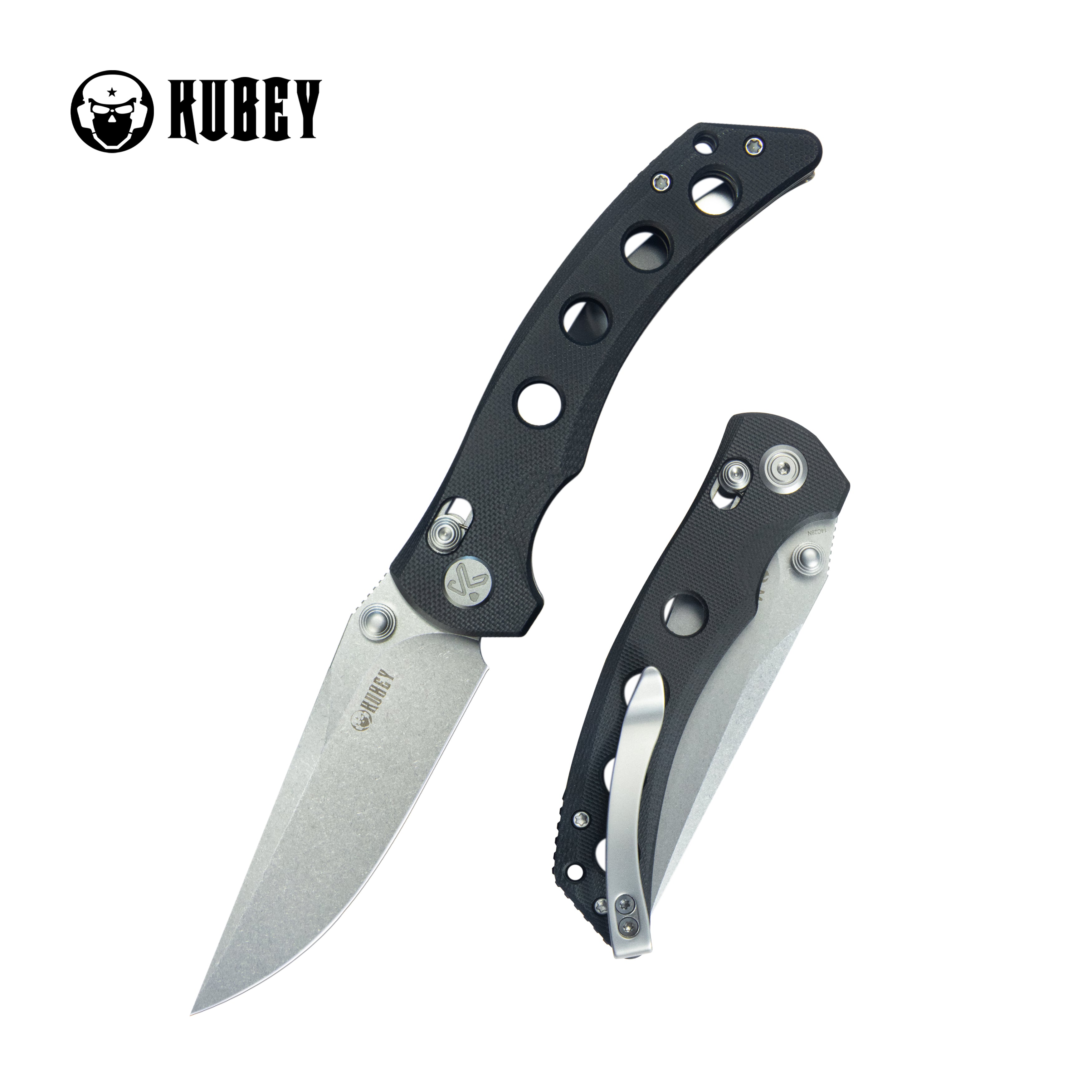 Kubey Hound Crossbar Lock Folding Pocket Knife Black G-10 Handle 3.43" Stonewash 14C28N Blade KU172A
