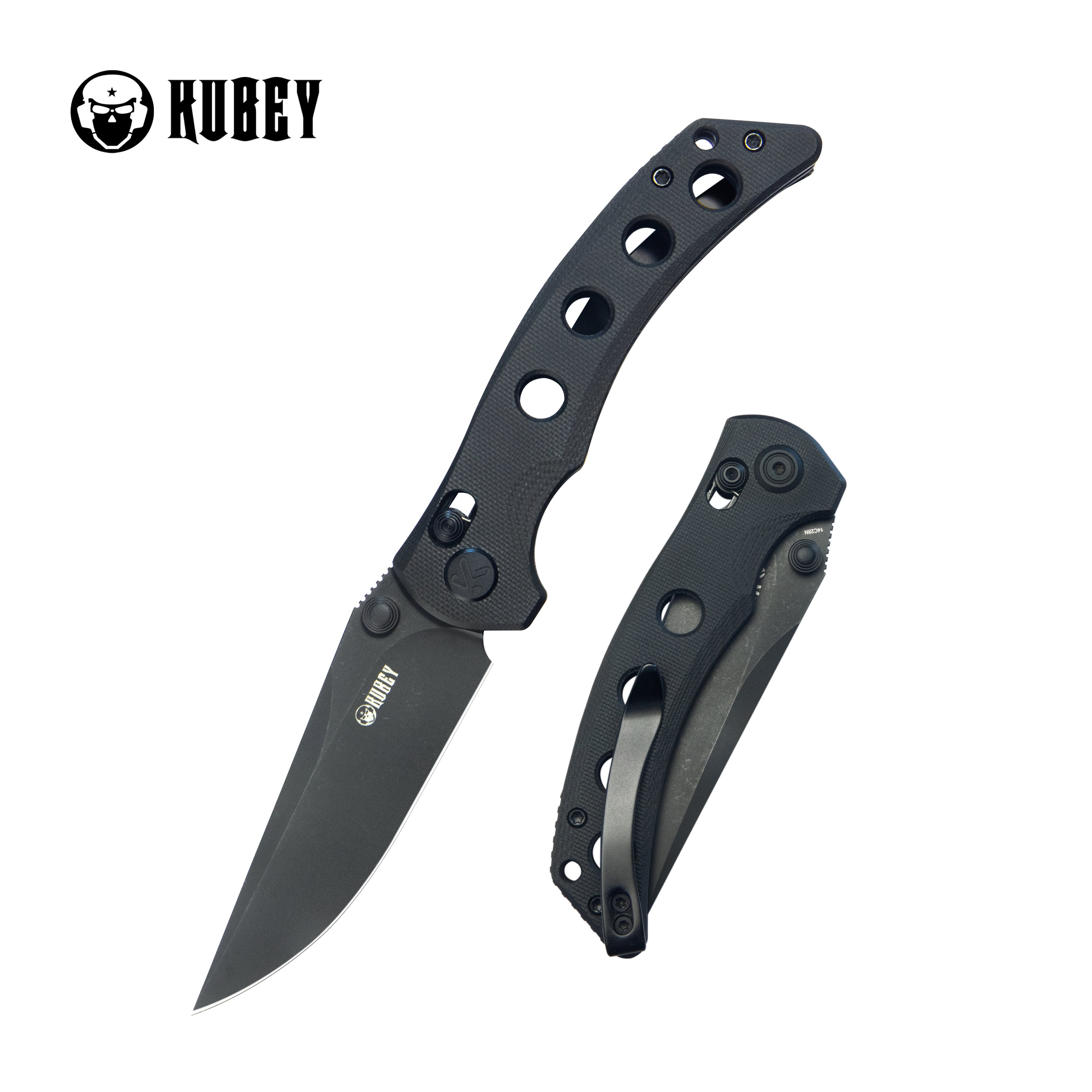 Kubey Hound Crossbar Lock Folding Pocket Knife Black G-10 Handle 3.43" Blackwash 14C28N Blade KU172B