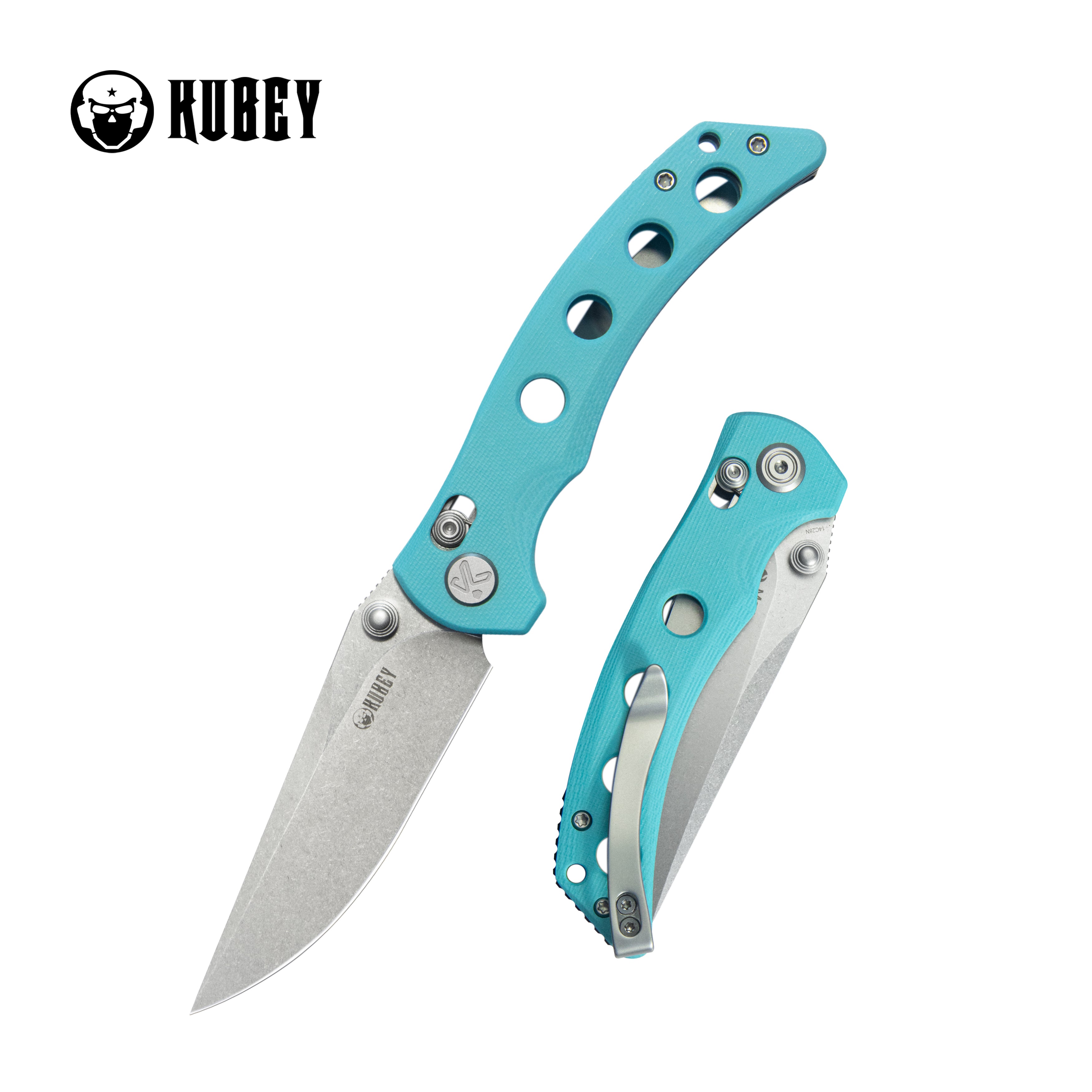 Kubey Hound Crossbar Lock Folding Pocket Knife Tiffany Blue G-10 Handle 3.43" Stonewash 14C28N Blade KU172C