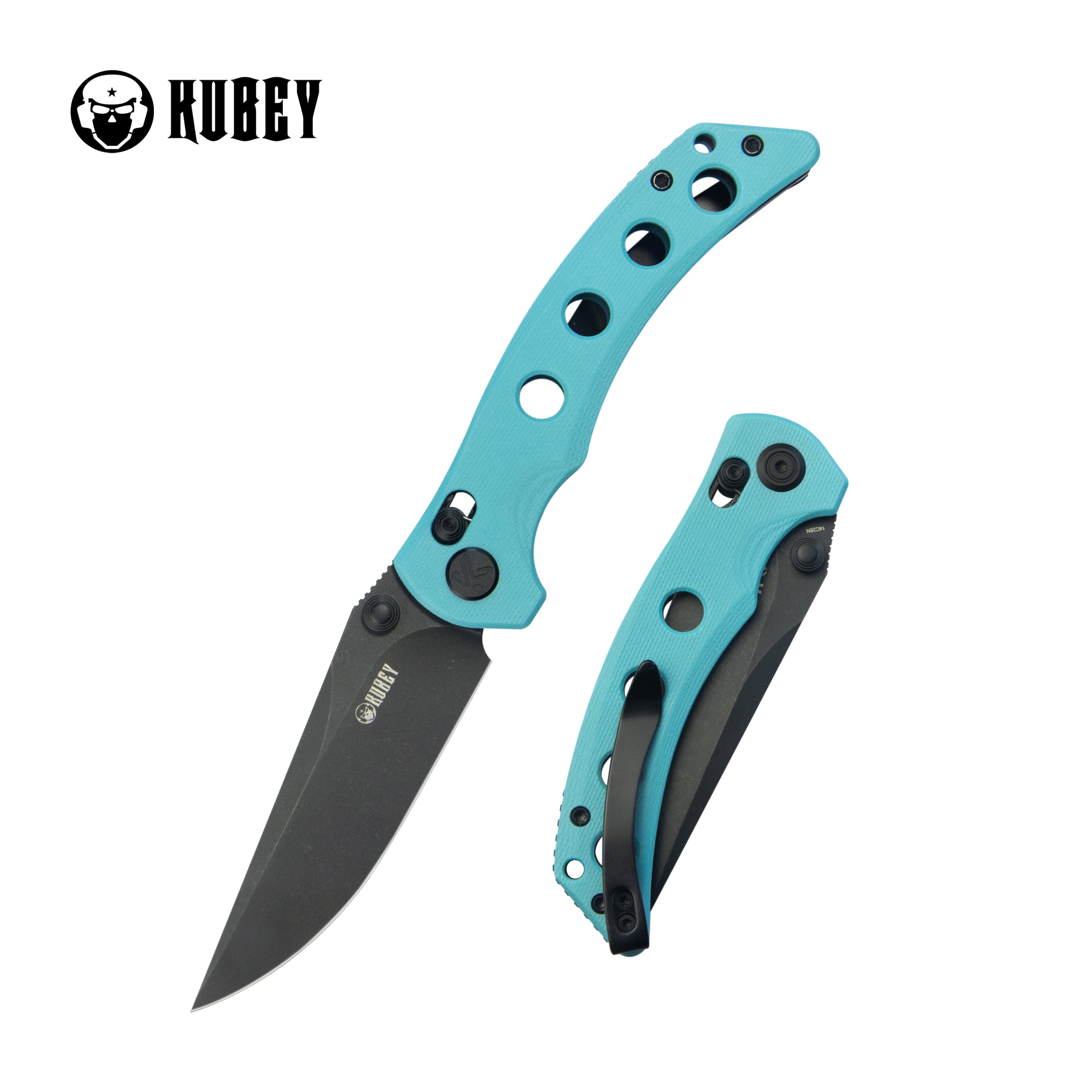 Kubey Hound Crossbar Lock Folding Pocket Knife Tiffany Blue G-10 Handle 3.43" Blackwash 14C28N Blade KU172D