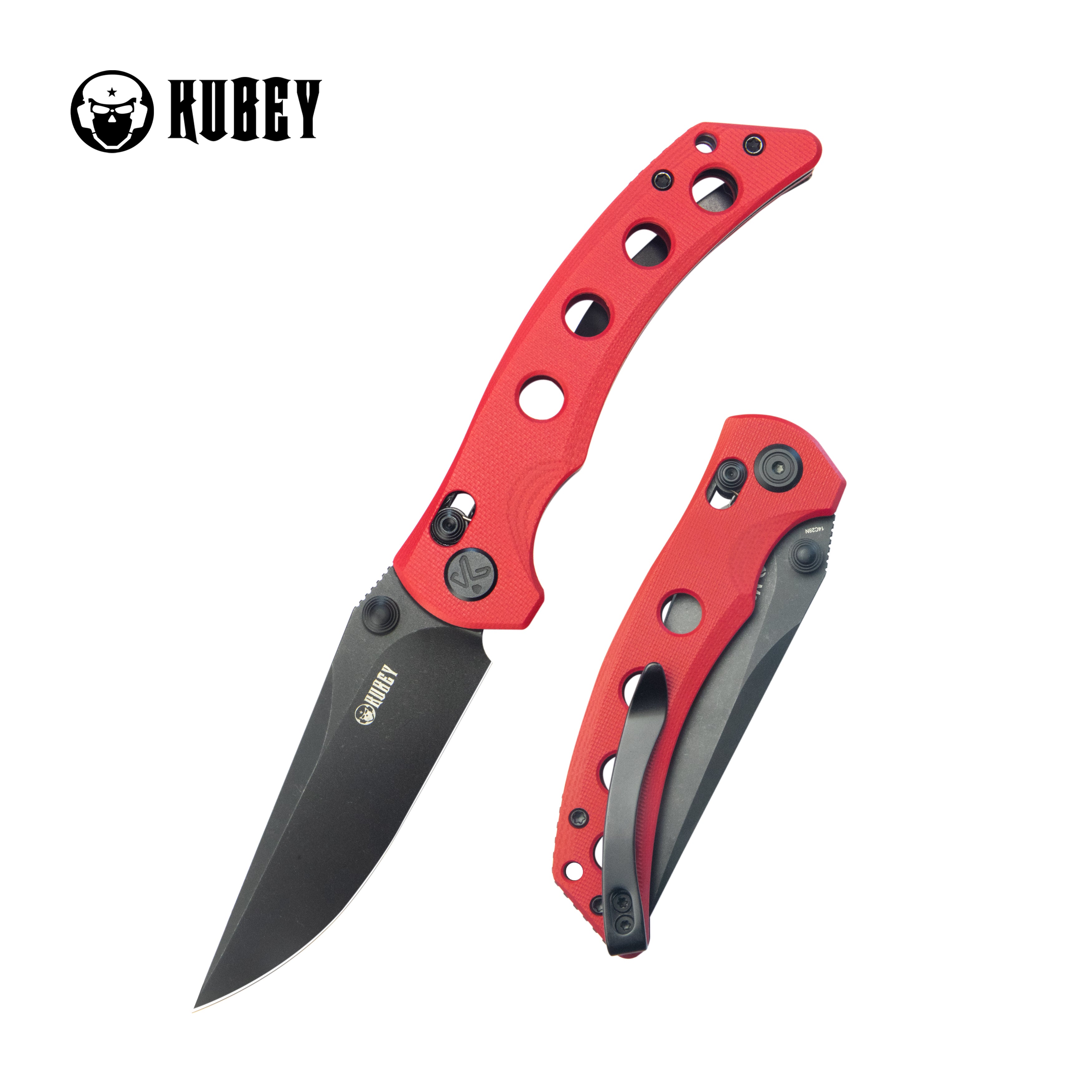 Kubey Hound Crossbar Lock Folding Pocket Knife Red G-10 Handle 3.43" Blackwash 14C28N Blade KU172E