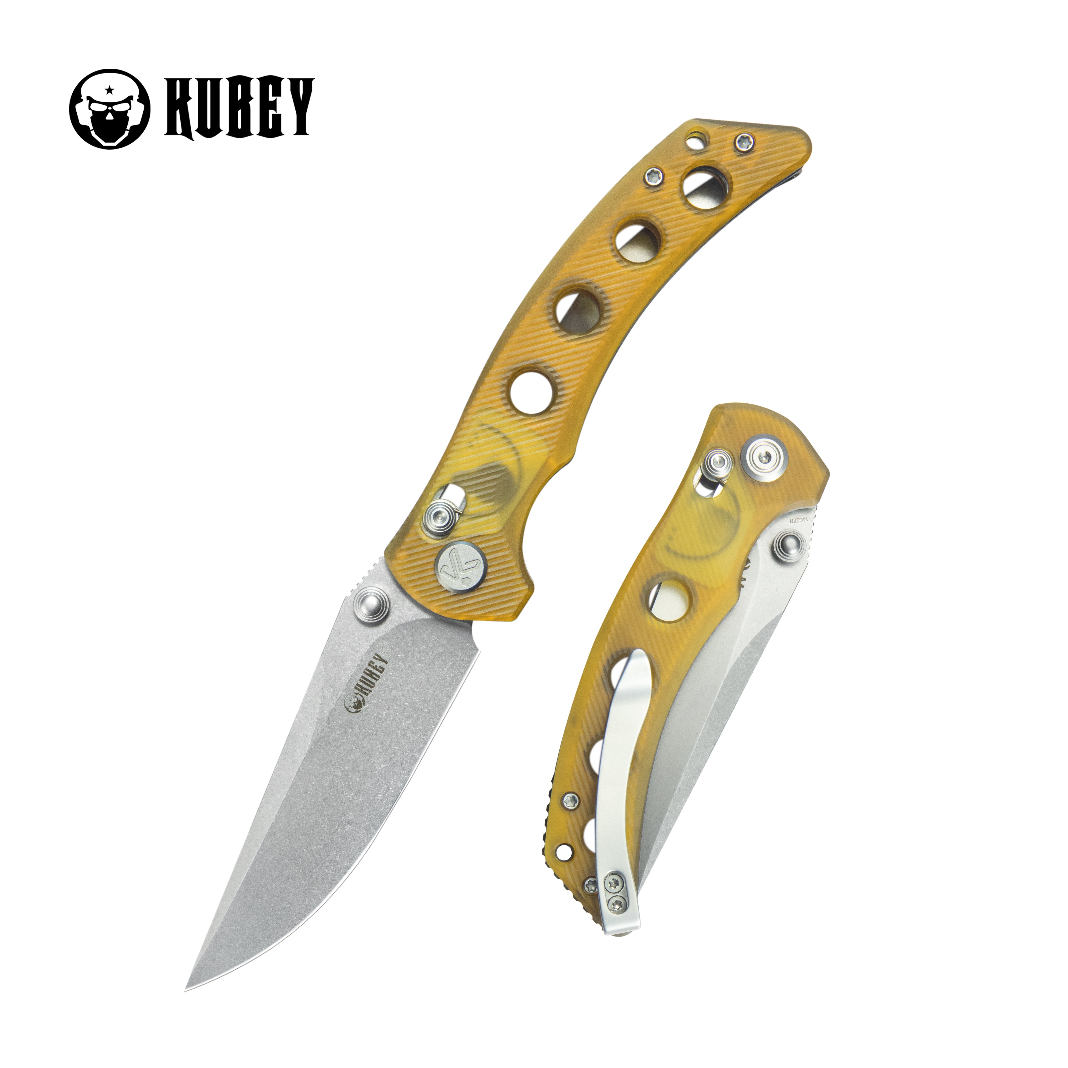 Kubey Hound Crossbar Lock Folding Pocket Knife Ultem Handle 3.43" Stonewash 14C28N Blade KU172F
