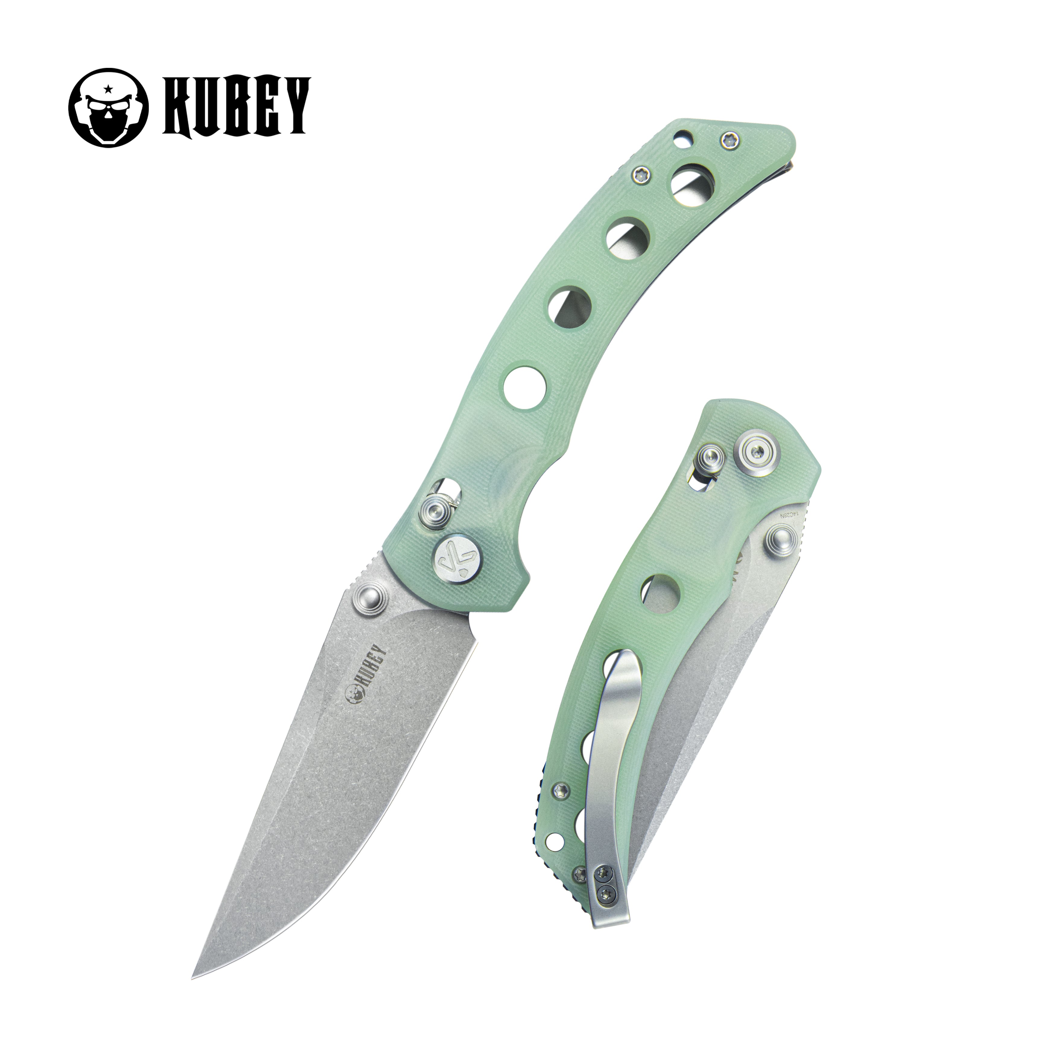 Kubey Hound Crossbar Lock Folding Pocket Knife Jade G-10 Handle 3.43" Stonewash 14C28N Blade KU172G