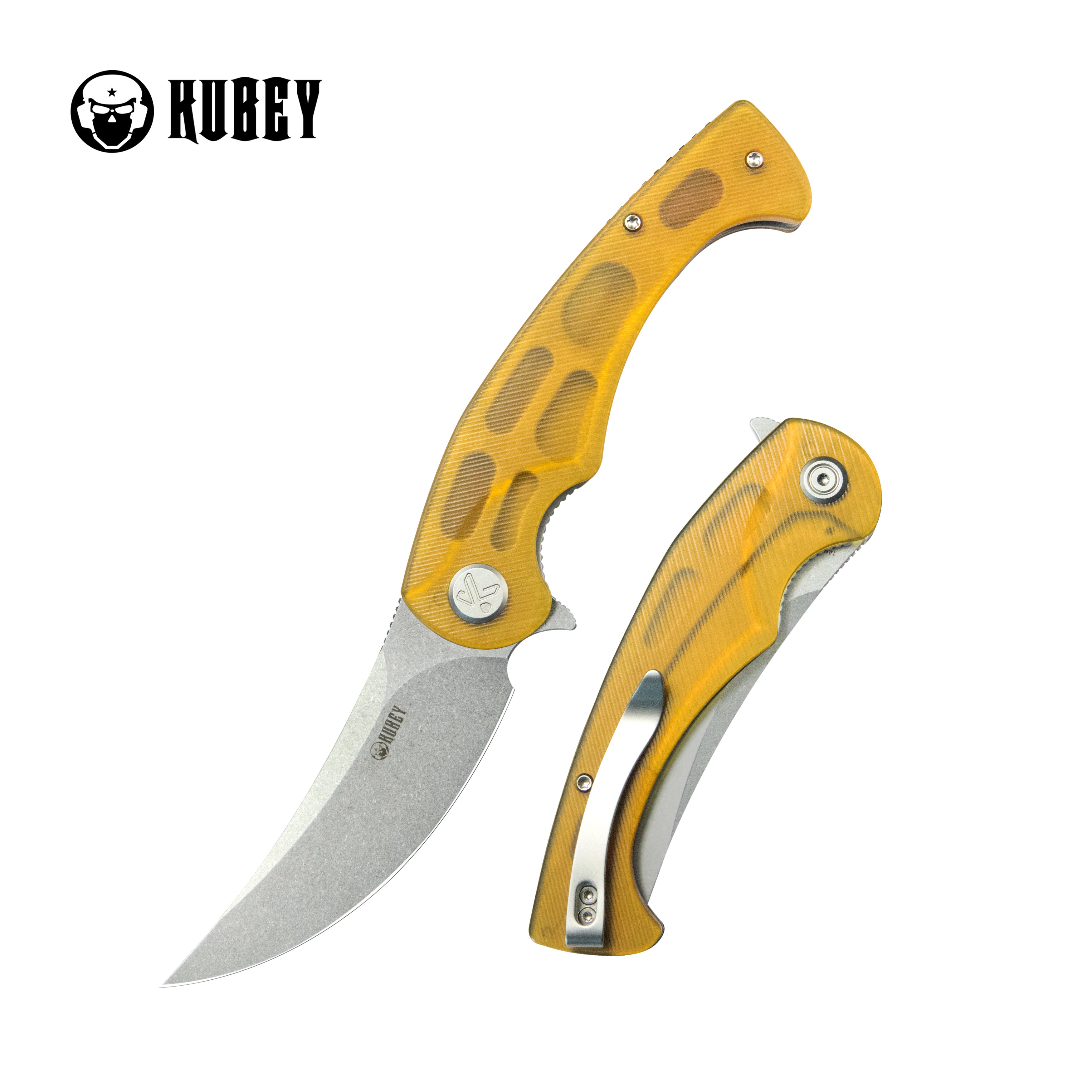 Kubey Scimitar Liner Lock Folding Knife Ultem Handle 3.46" BeadBlast 14C28N KU173G