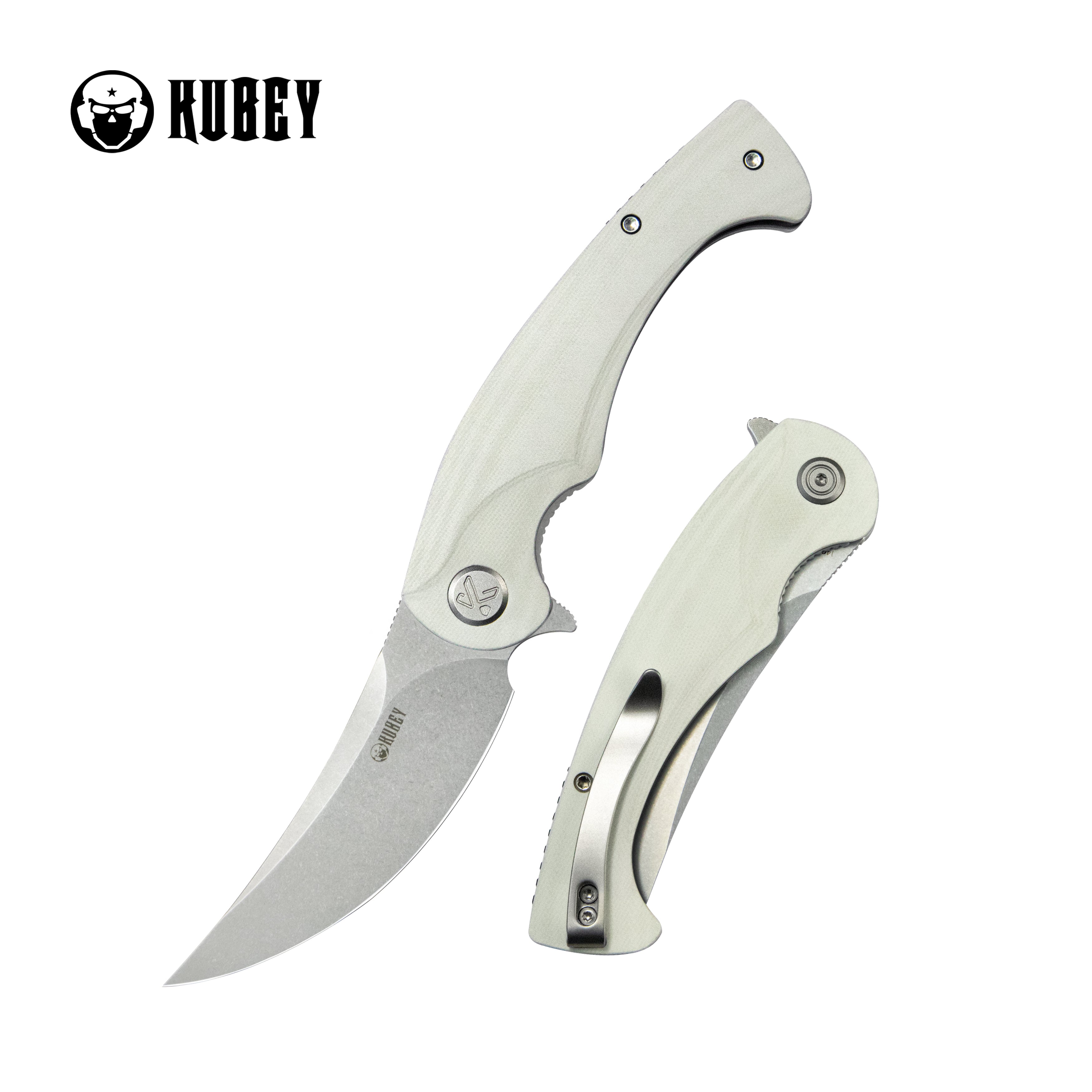 Kubey Scimitar Liner Lock Folding Knife White G10 Handle 3.46" Bead Blast 14C28N KU173I