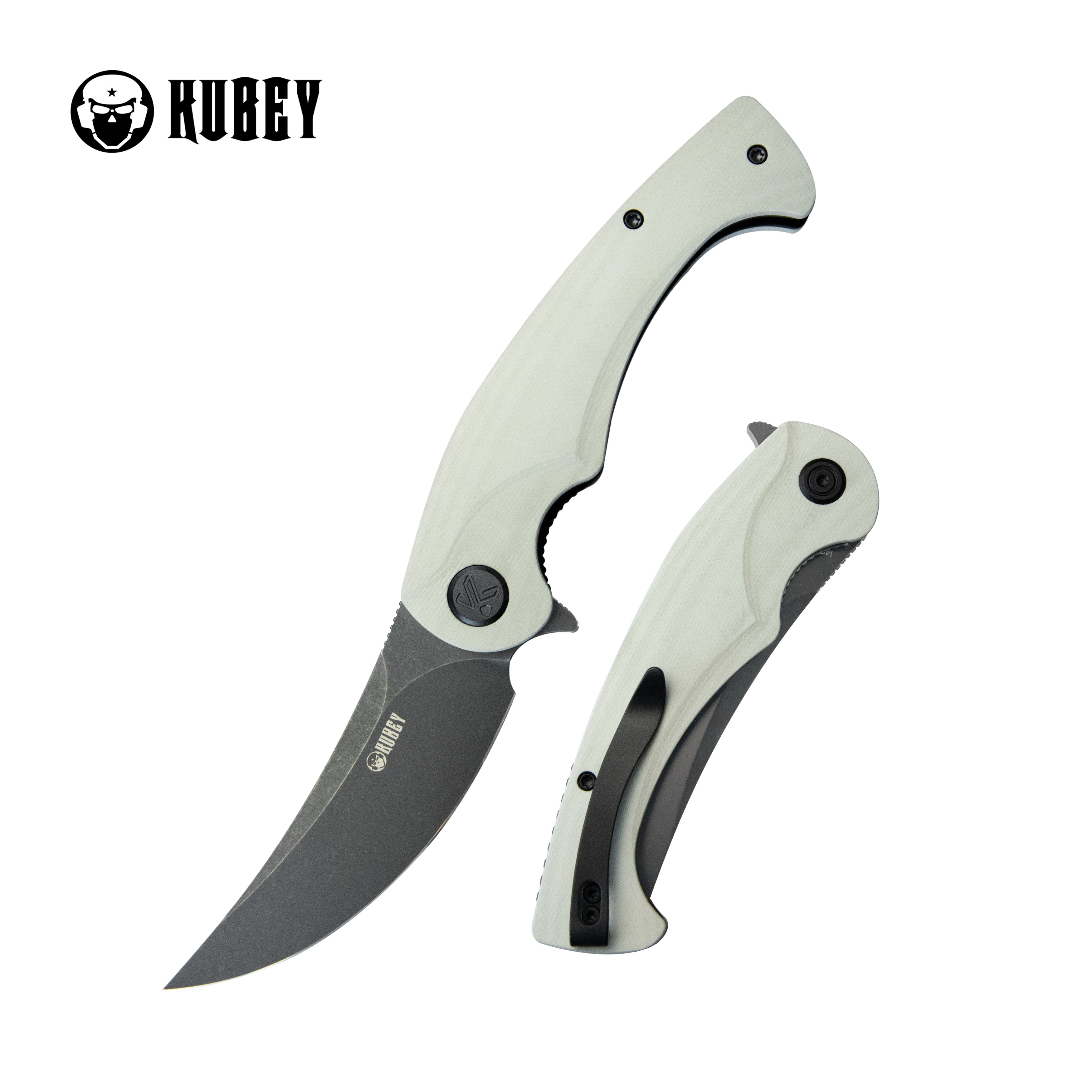 Kubey Scimitar Liner Lock Folding Knife White G10 Handle 3.46" Blackwash 14C28N KU173J