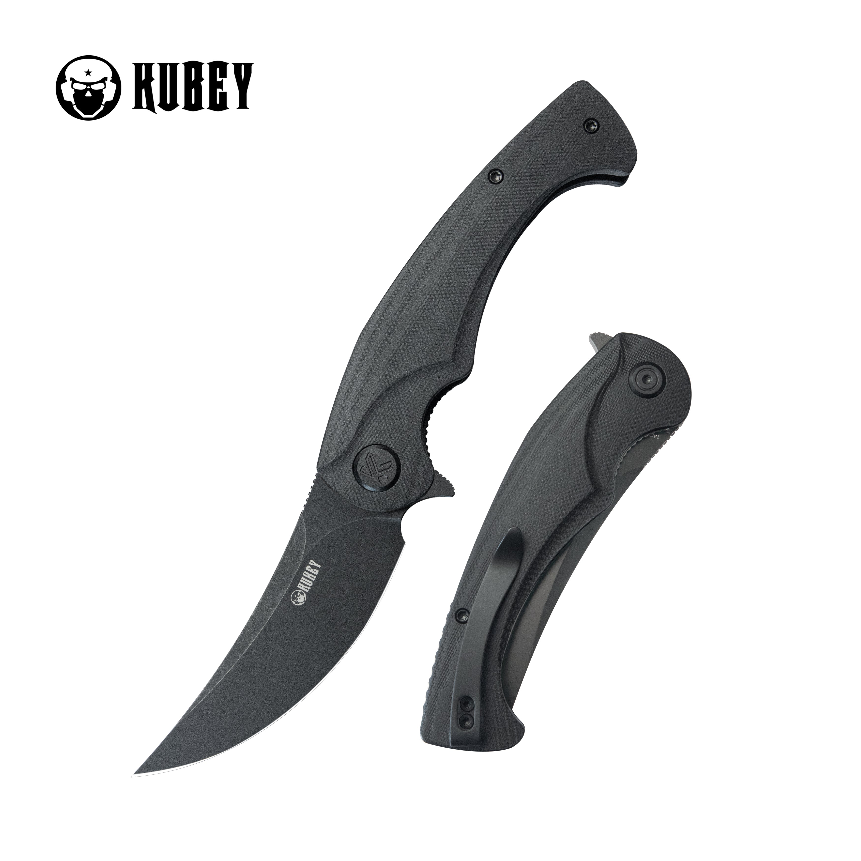 Kubey Scimitar Liner Lock Folding Knife Black G10 Handle 3.46" Blackwash 14C28N KU173L