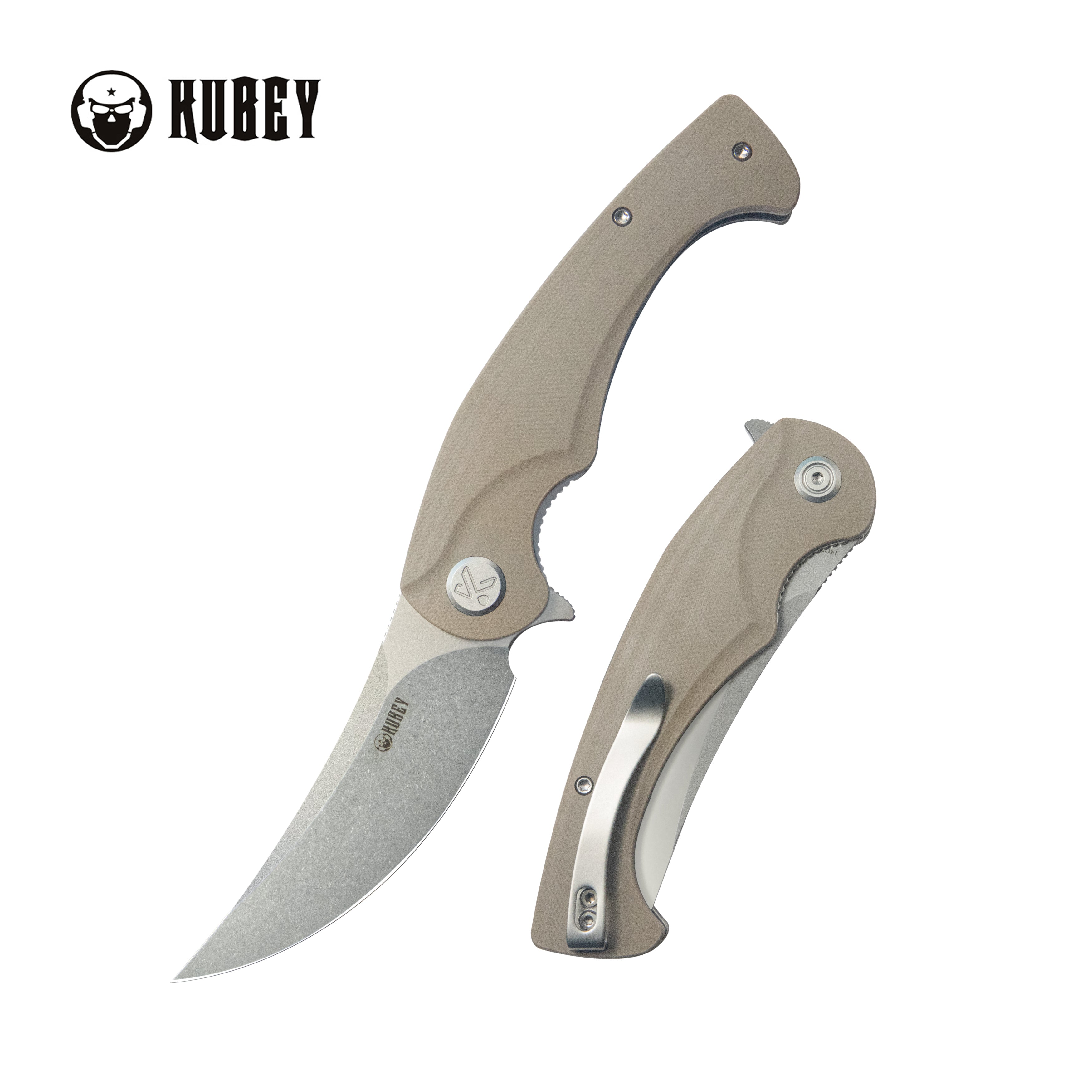 Kubey Scimitar Liner Lock Folding Knife Tan G10 Handle 3.46" Bead Blast 14C28N KU173M