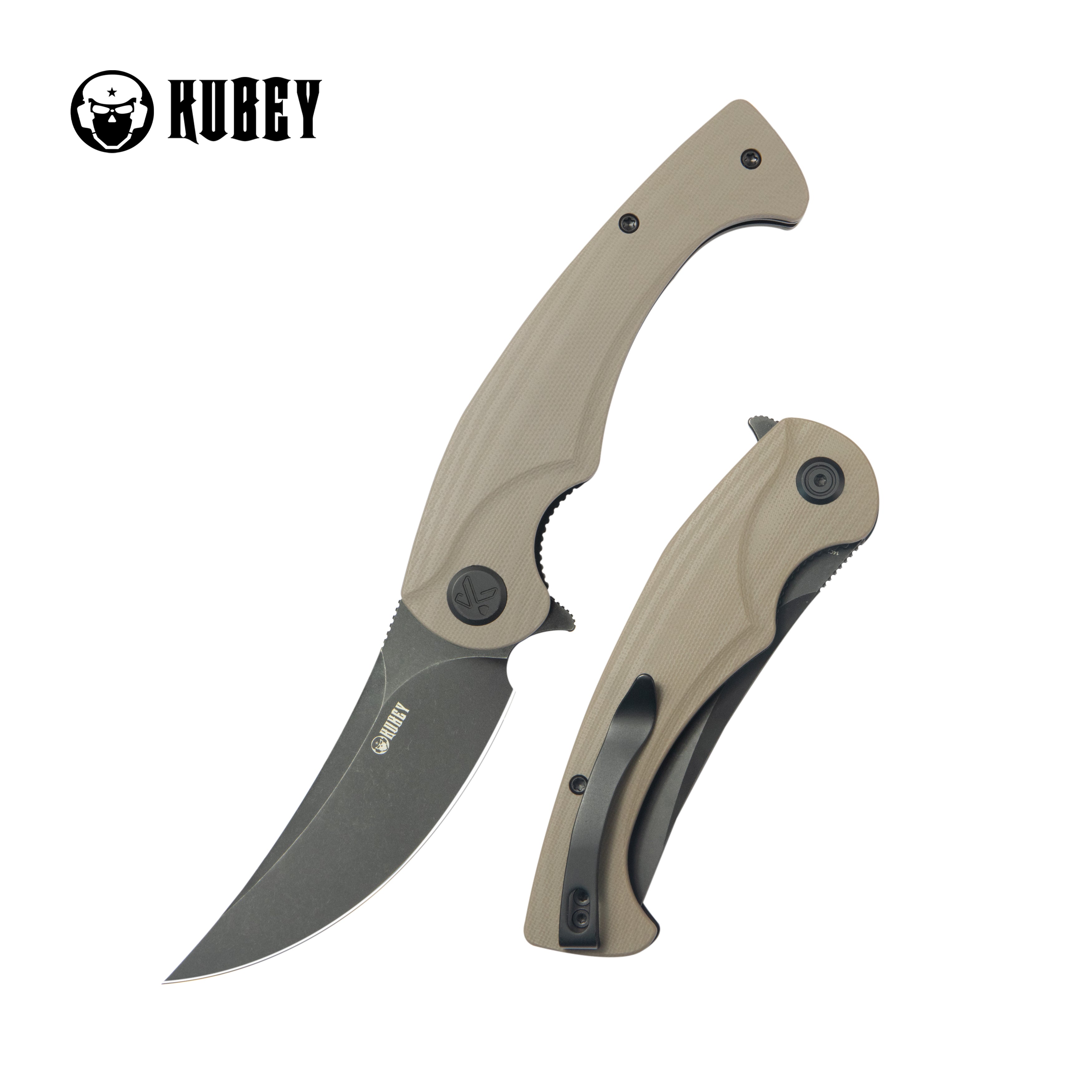 Kubey Scimitar Liner Lock Folding Knife Tan G10 Handle 3.46" Blackwash 14C28N KU173N