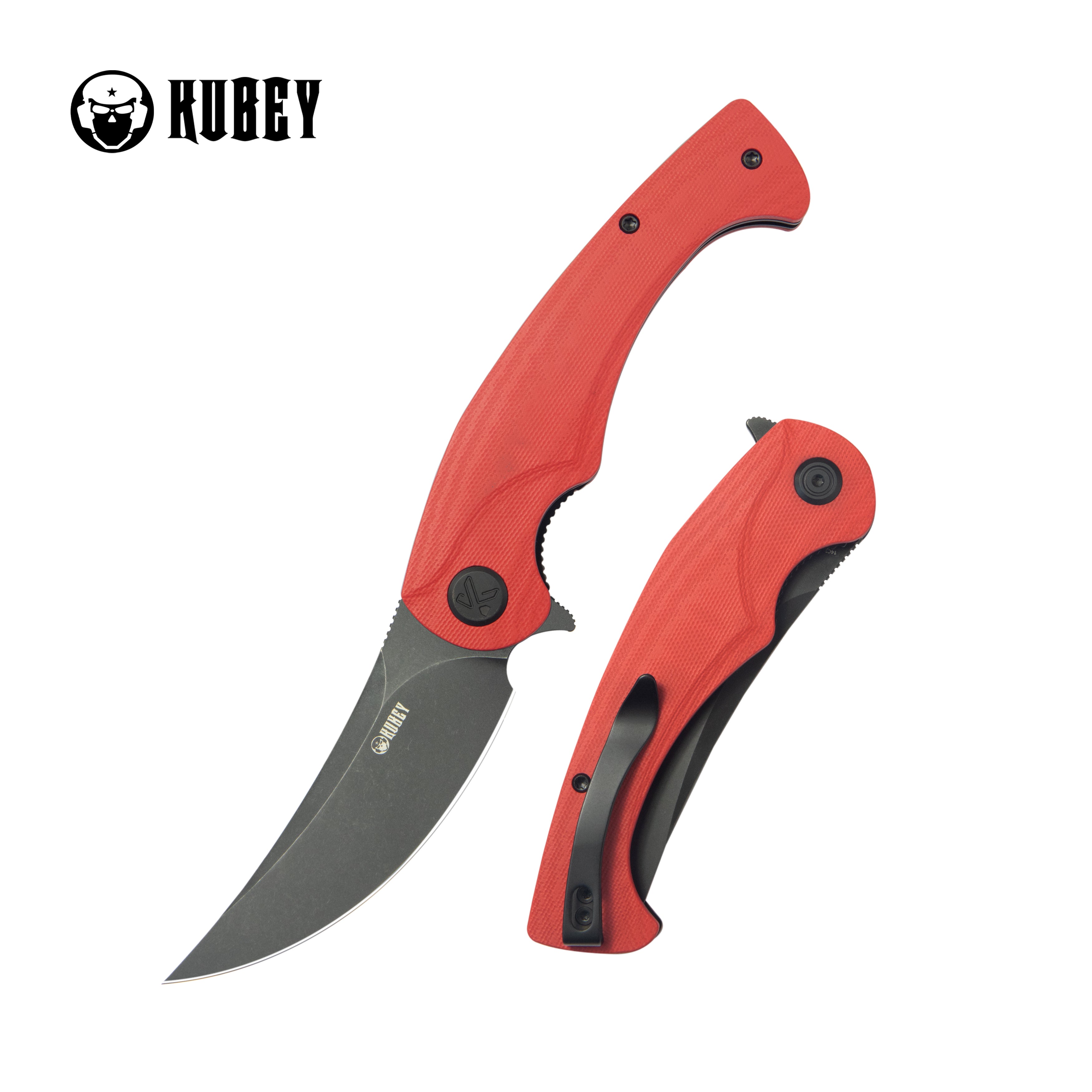 Kubey Scimitar Liner Lock Folding Knife Red G10 Handle 3.46" Blackwash 14C28N KU173O