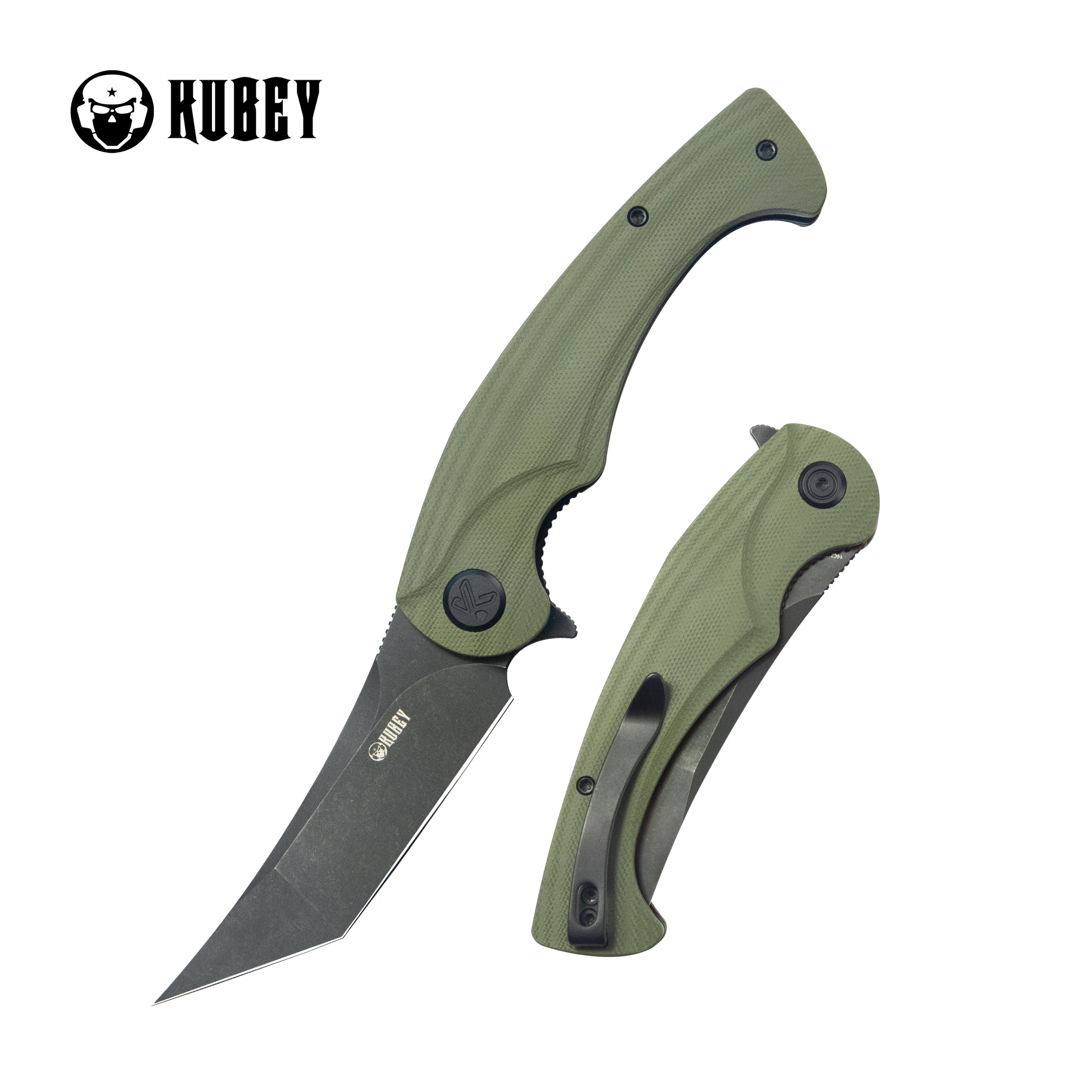Kubey Scimitar Tanto Liner Lock Hunting Folding Knife Green G10 Handle 3.46" Blackwash 14C28N KU175B