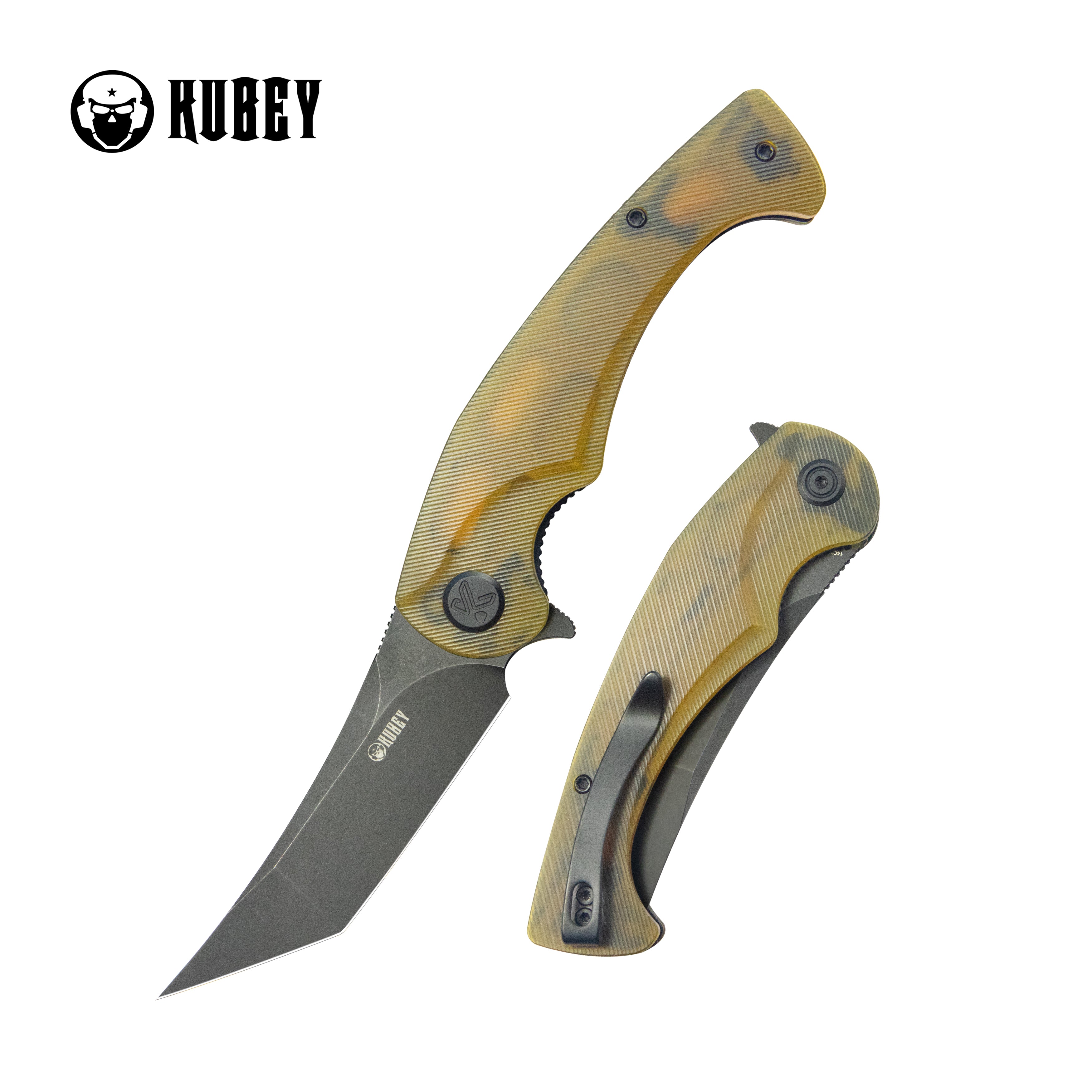 Kubey Scimitar Tanto Liner Lock Hunting Folding Knife Ultem Handle 3.46" Blackwash 14C28N KU175D