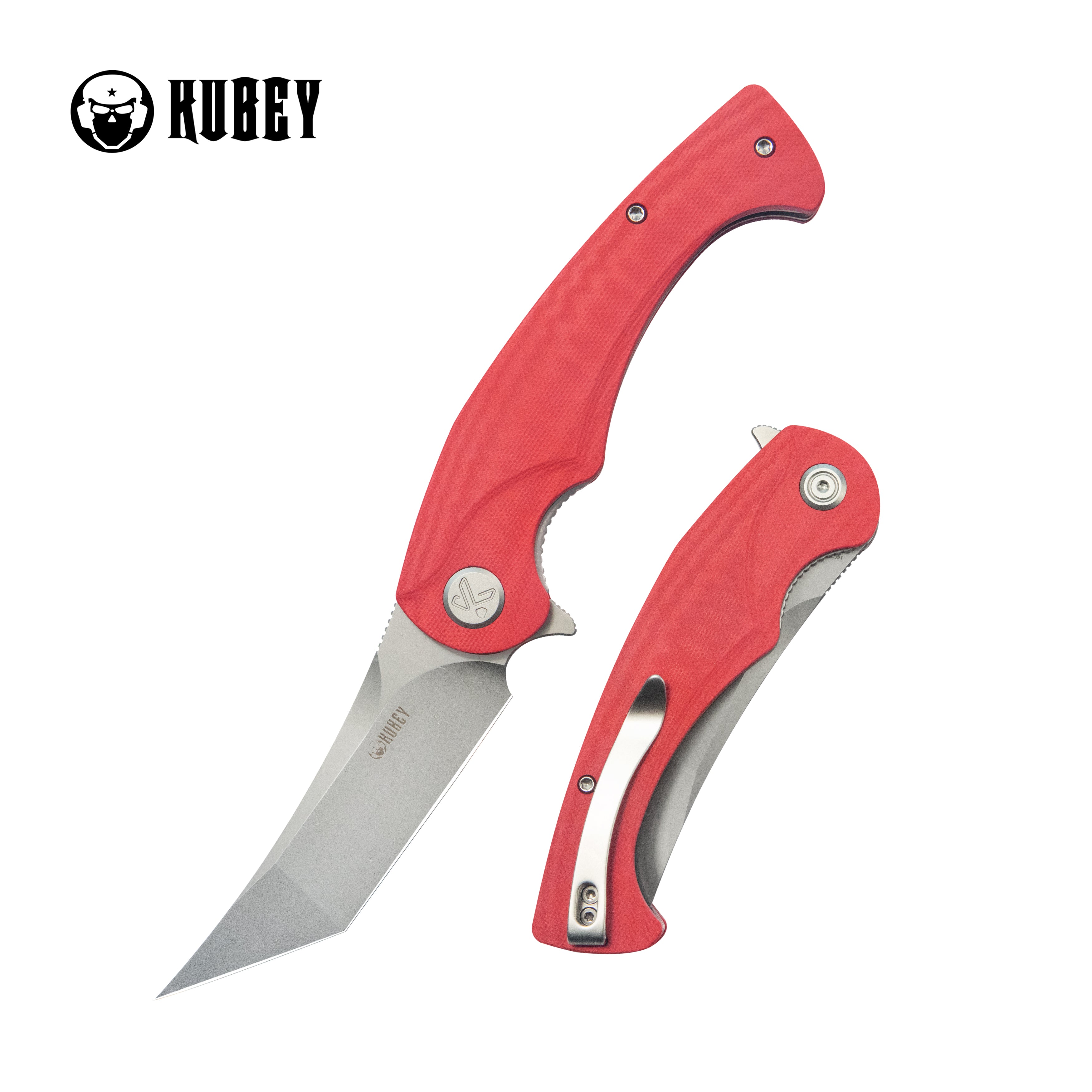 Kubey Scimitar Tanto Liner Lock Hunting Folding Knife Red G10 Handle 3.46" Beadblast 14C28N KU175E