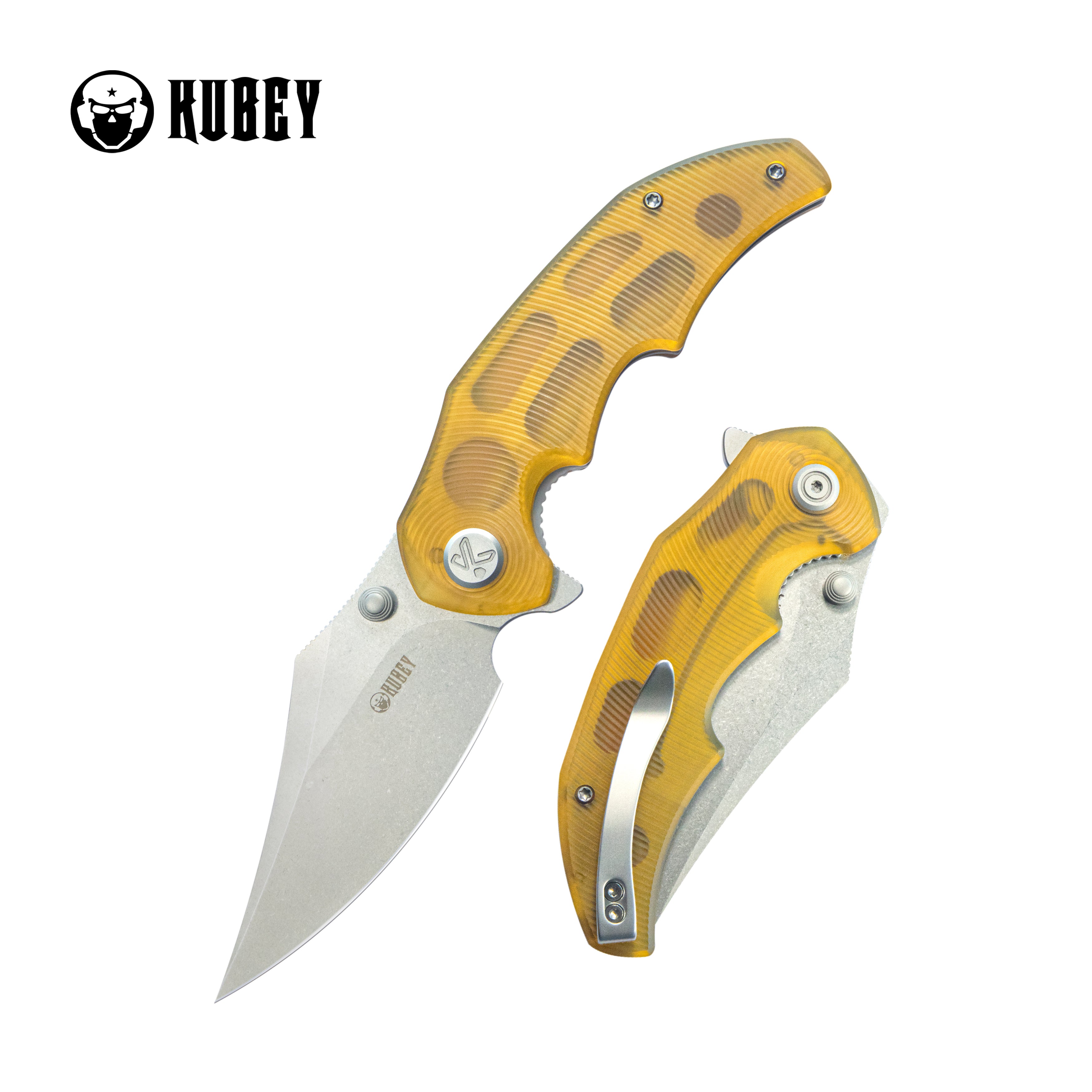 Kubey Ceto Flipper Camping Folding Knife Ultem Handle 3.46" Stonewash 14C28N Blade KU181C