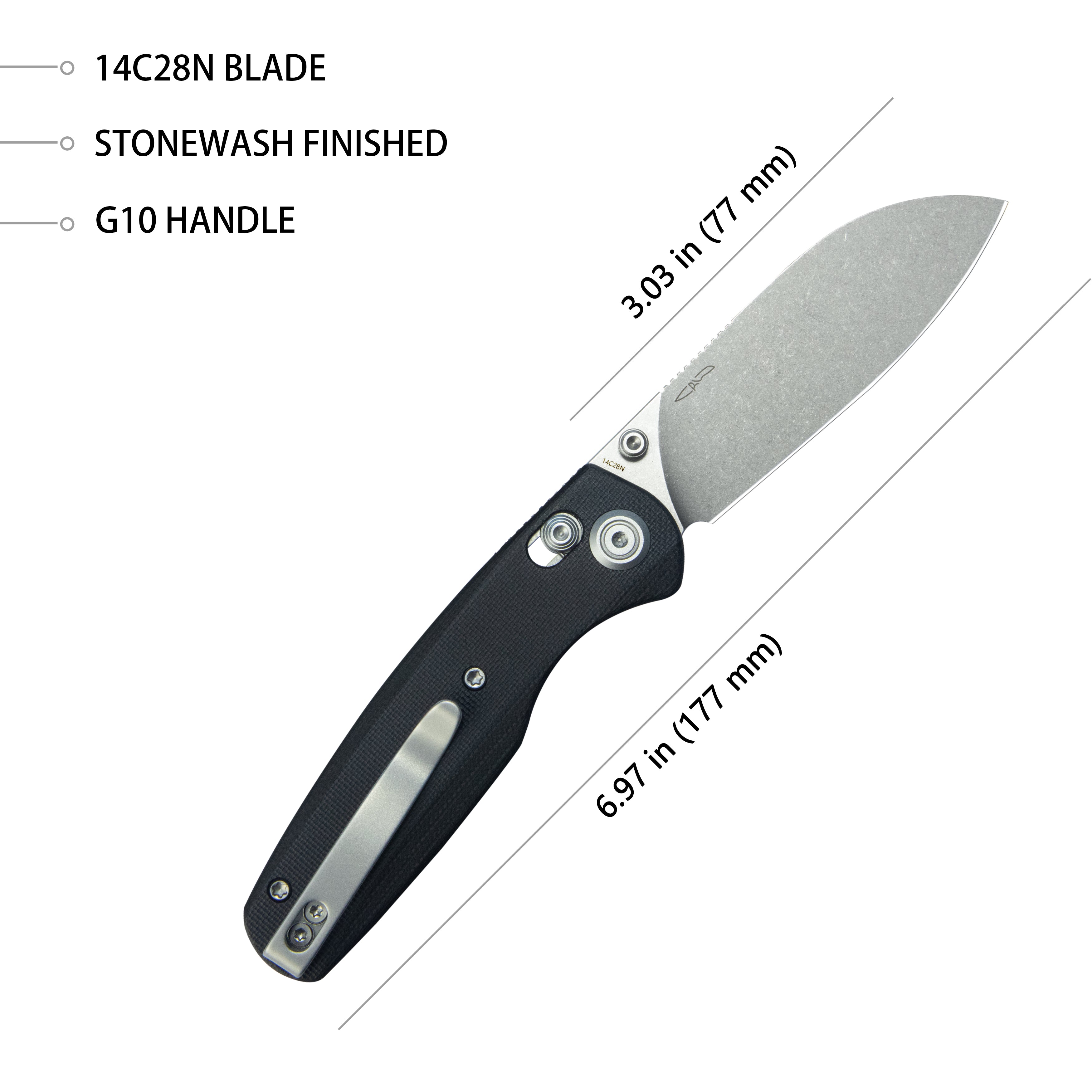 Kubey Breeze Every Carry Pocket Knife Crossbar Lock Black G10 Handle 3.03" Stonewash 14C28N Blade KU288A